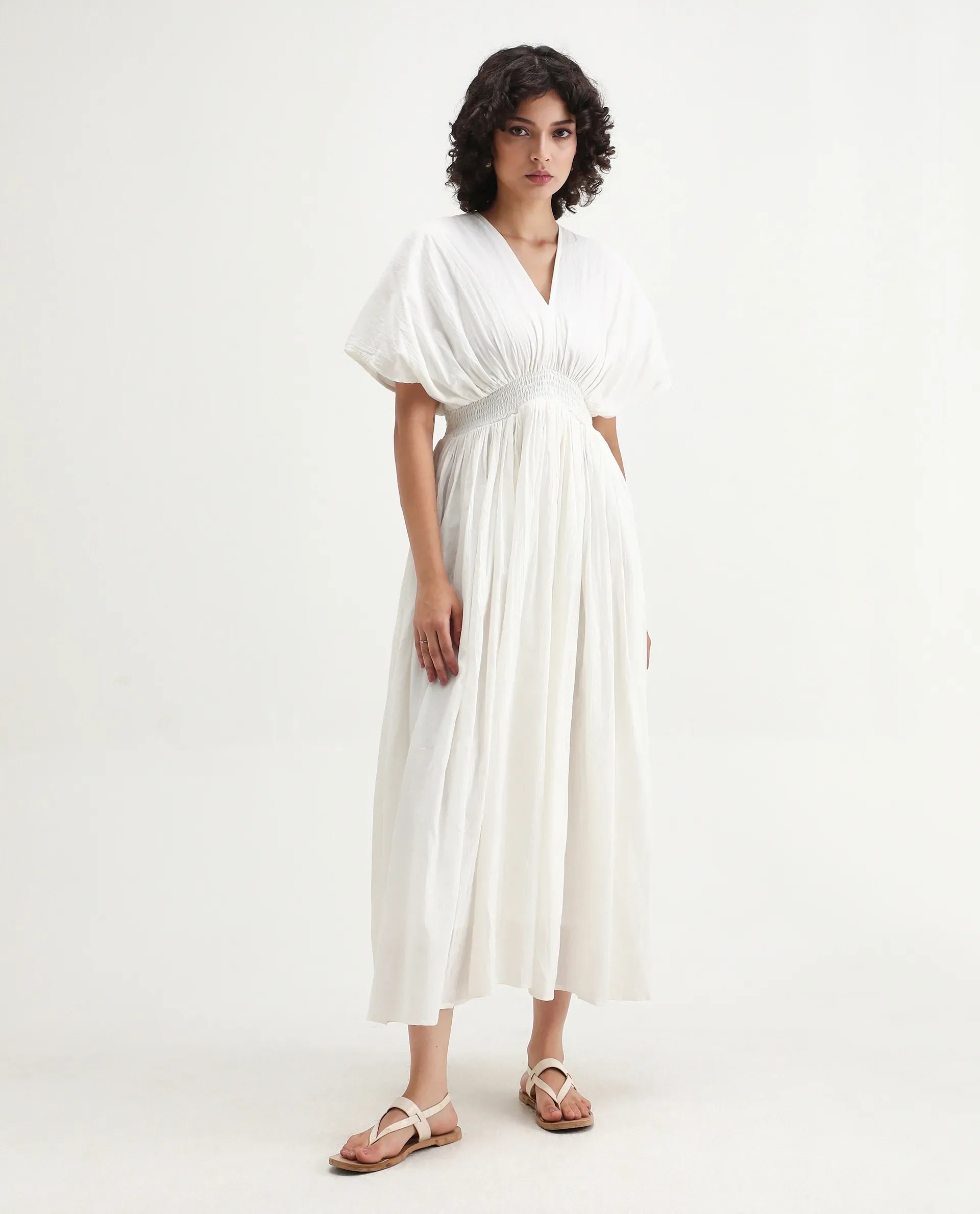 Rareism Women's Janmay Beige Cotton V-Neck Plain Kimono Sleeve Maxi Flared Dress - Image 4