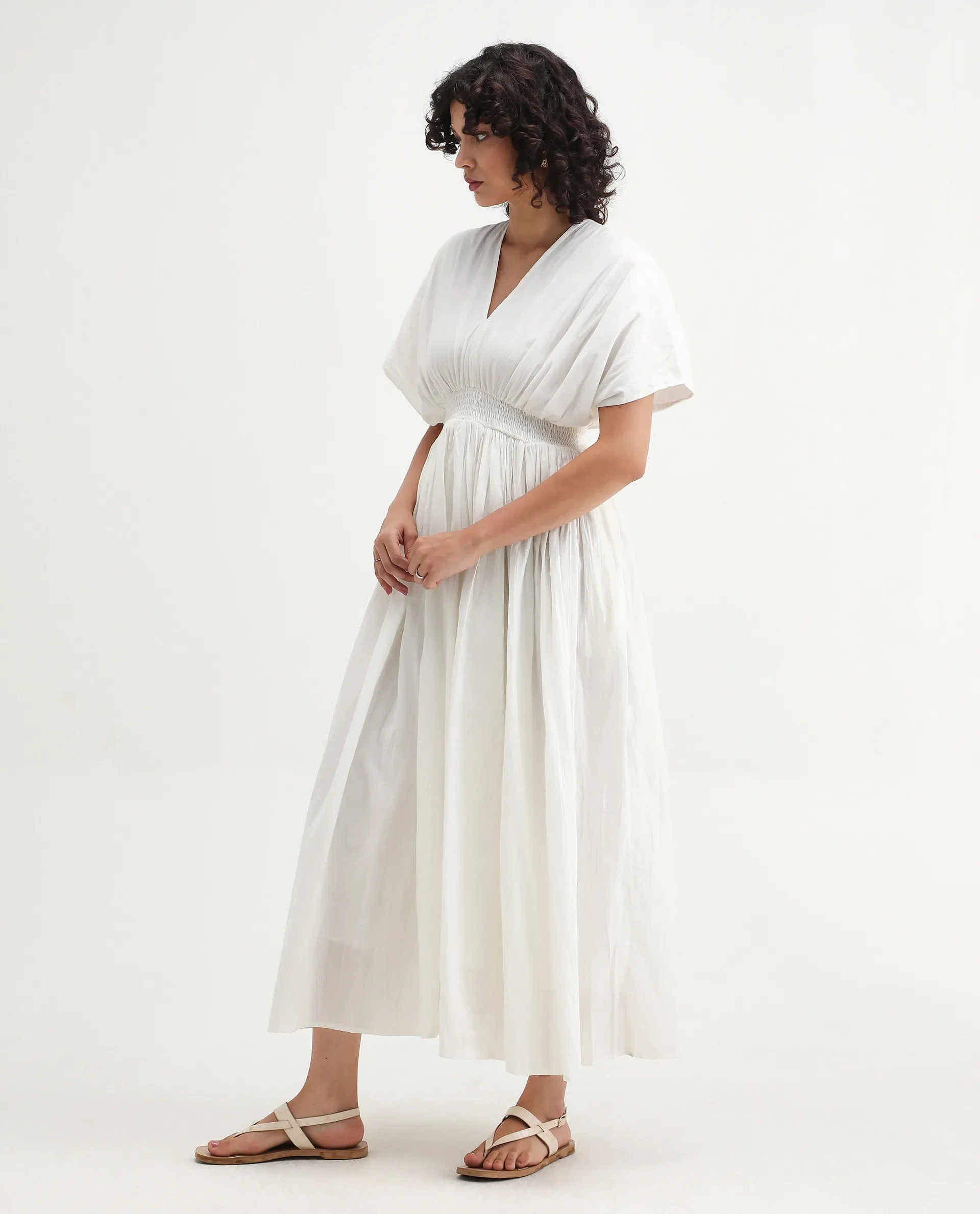 Rareism Women's Janmay Beige Cotton V-Neck Plain Kimono Sleeve Maxi Flared Dress - Image 5