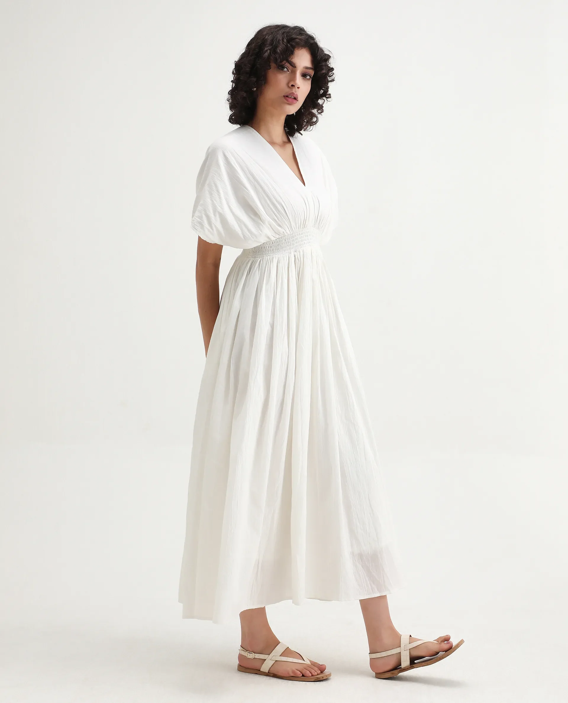 Rareism Women's Janmay Beige Cotton V-Neck Plain Kimono Sleeve Maxi Flared Dress - Image 6