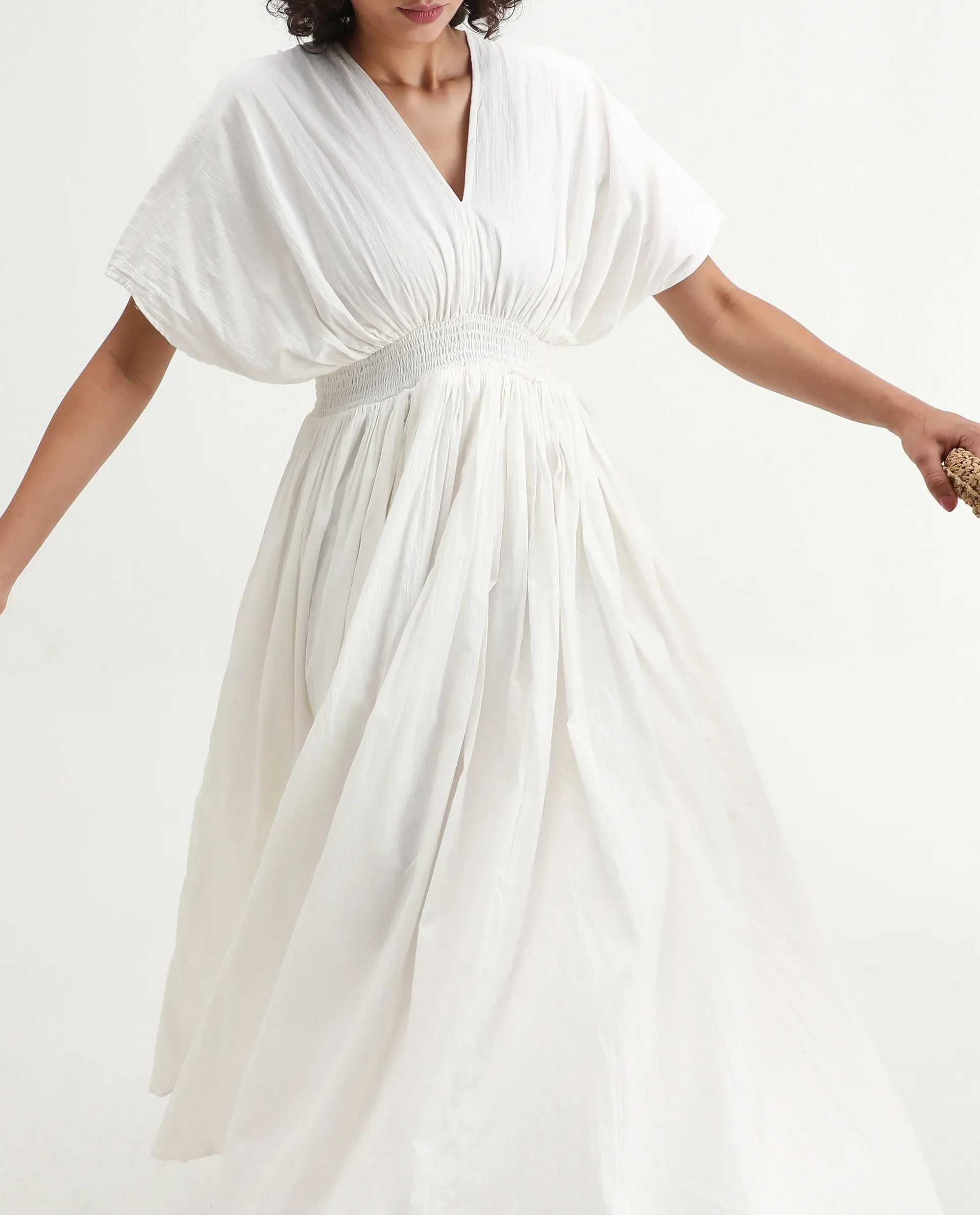 Rareism Women's Janmay Beige Cotton V-Neck Plain Kimono Sleeve Maxi Flared Dress - Image 8