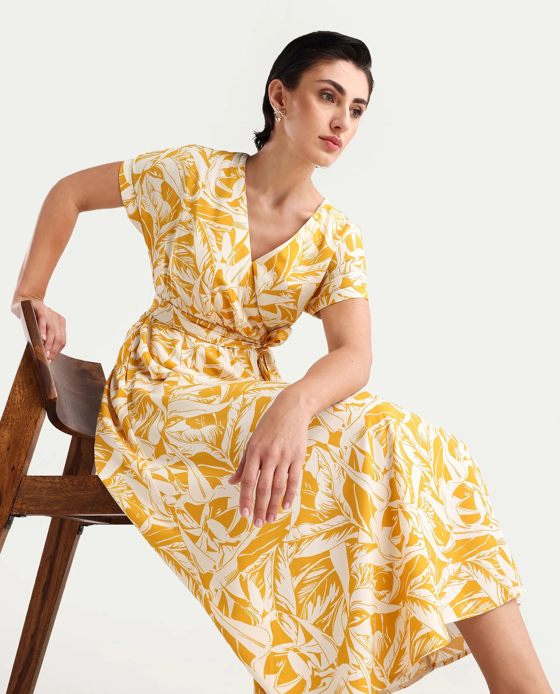 Rareism Women's Janmink Light Mustard Viscose Overlap Neck Floral Print Ruffled Sleeve Midi Wrap Dress - Image 2