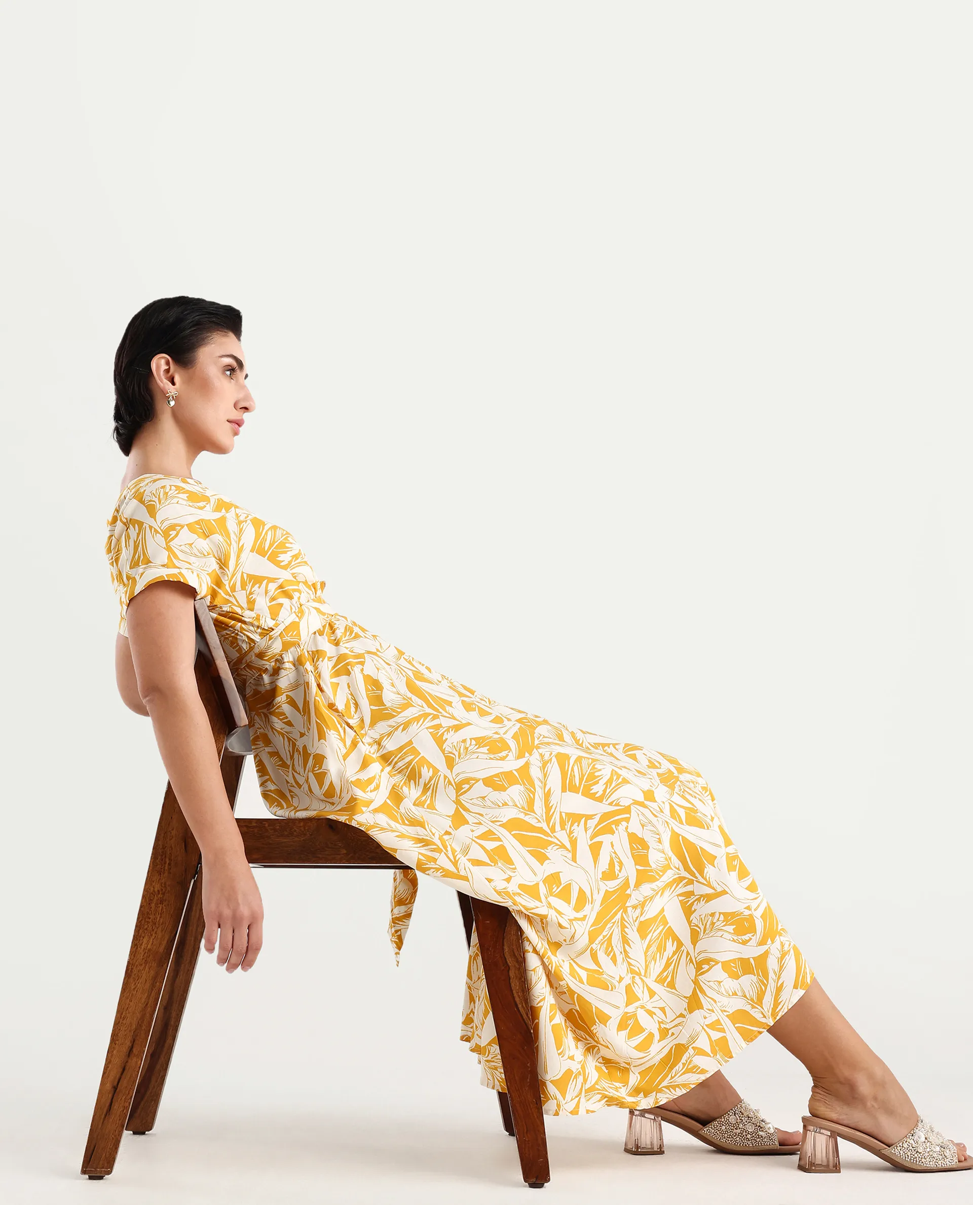 Rareism Women's Janmink Light Mustard Viscose Overlap Neck Floral Print Ruffled Sleeve Midi Wrap Dress - Image 3