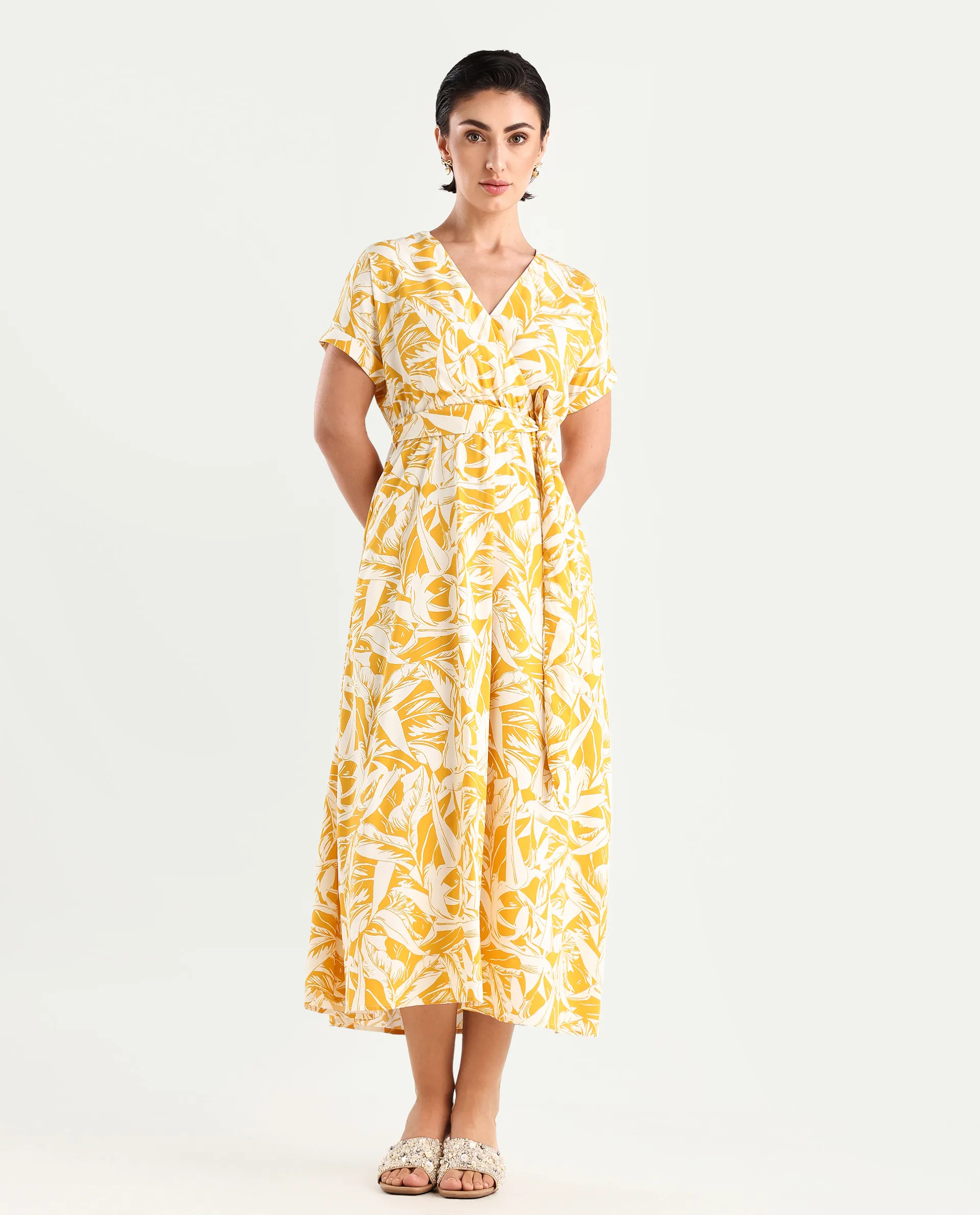 Rareism Women's Janmink Light Mustard Viscose Overlap Neck Floral Print Ruffled Sleeve Midi Wrap Dress - Image 4