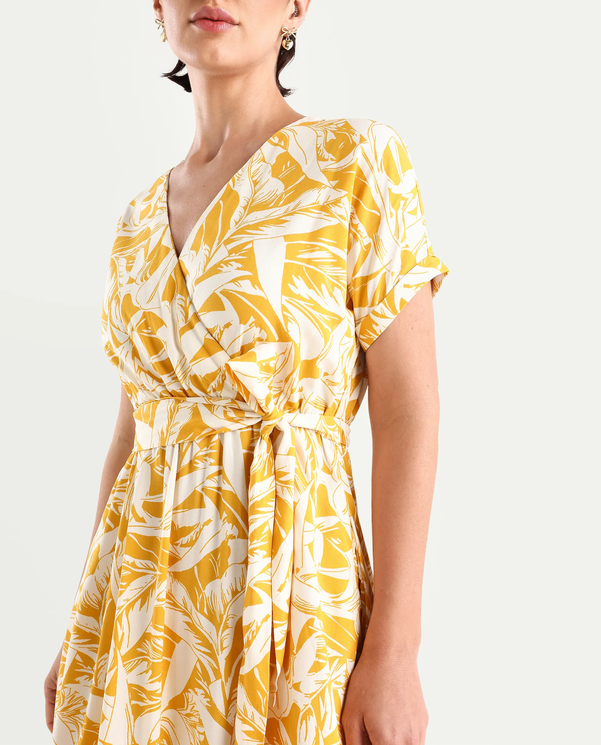 Rareism Women's Janmink Light Mustard Viscose Overlap Neck Floral Print Ruffled Sleeve Midi Wrap Dress - Image 5