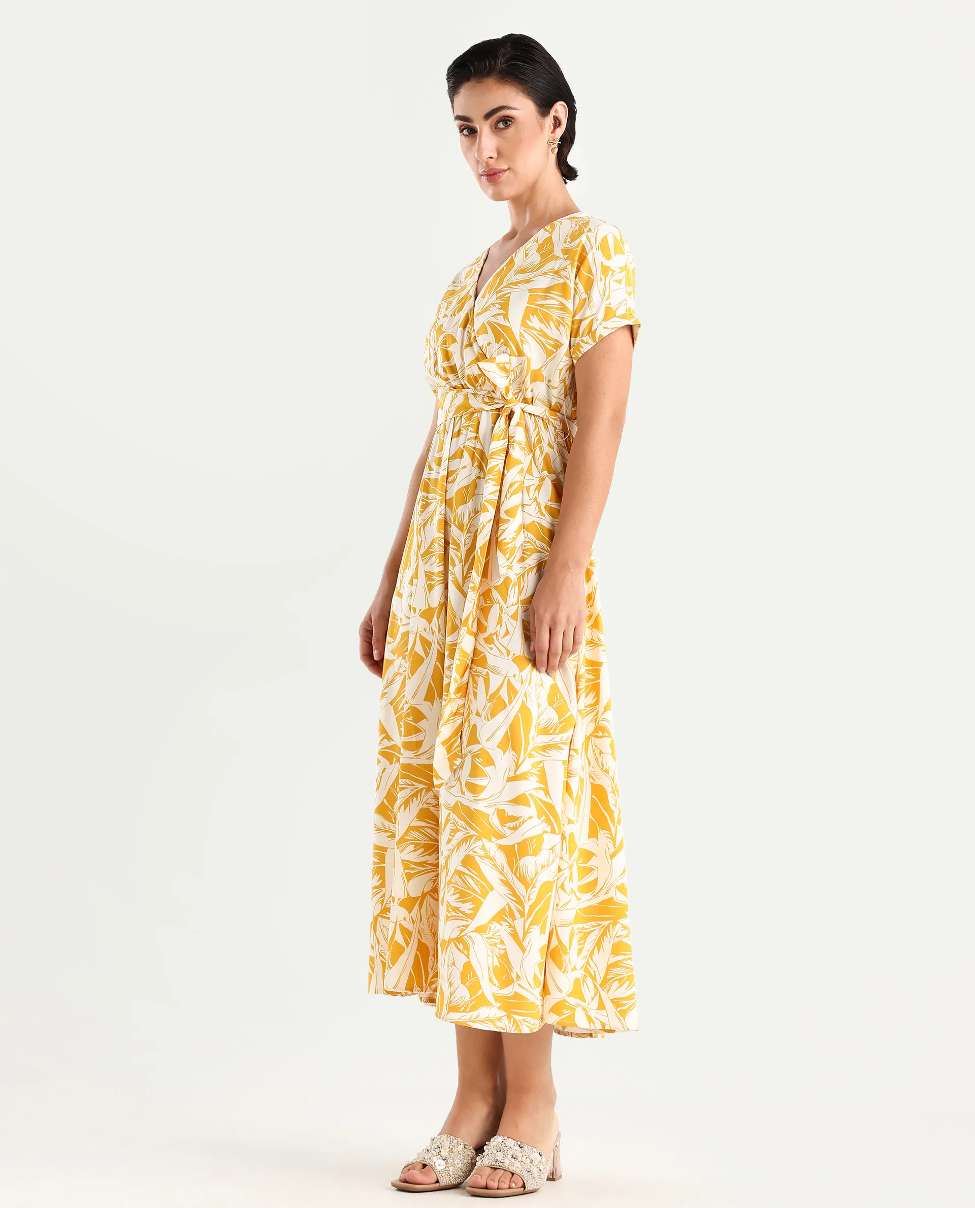 Rareism Women's Janmink Light Mustard Viscose Overlap Neck Floral Print Ruffled Sleeve Midi Wrap Dress - Image 6
