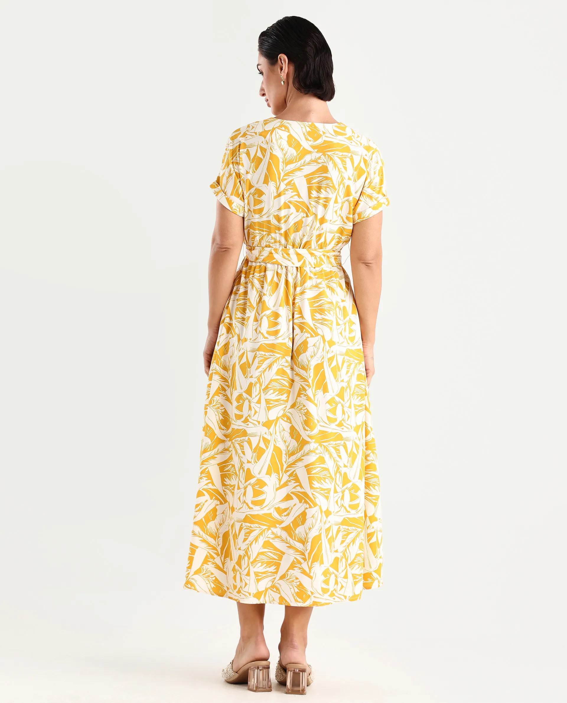 Rareism Women's Janmink Light Mustard Viscose Overlap Neck Floral Print Ruffled Sleeve Midi Wrap Dress - Image 7
