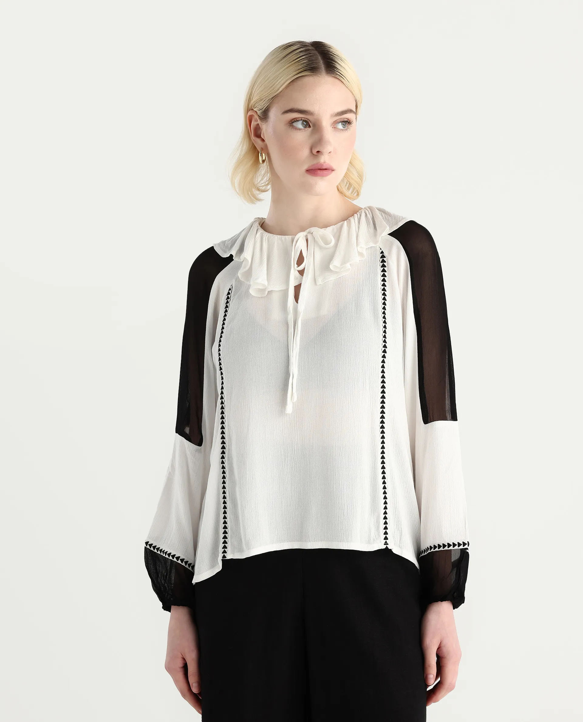 Rareism Women's Janmolo White Rayon Ruffled Neck Color Block Raglan Sleeve Regular Fit Top - Image 2