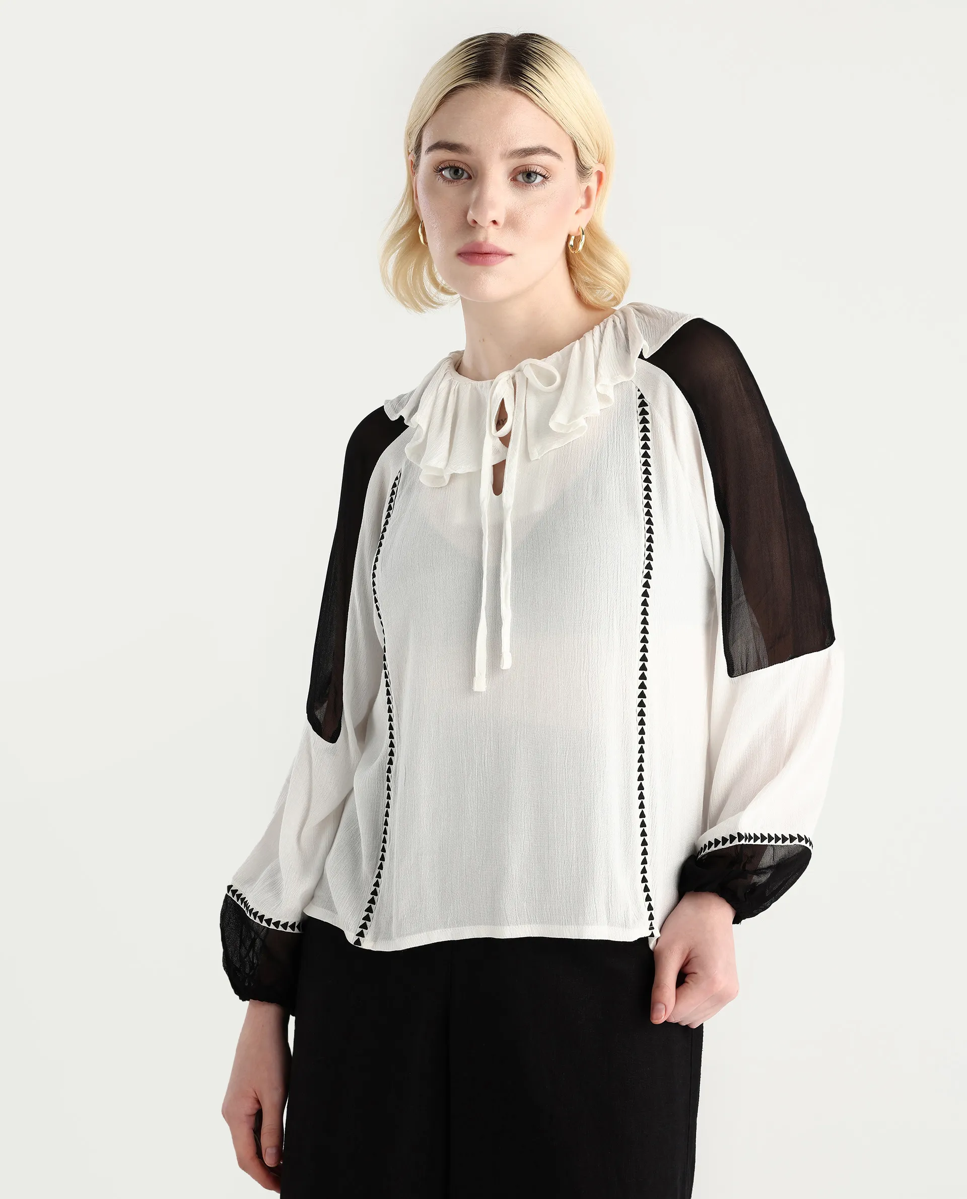 Rareism Women's Janmolo White Rayon Ruffled Neck Color Block Raglan Sleeve Regular Fit Top - Image 3