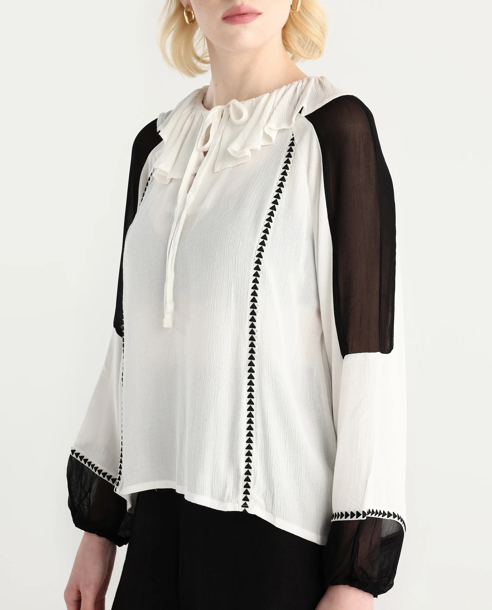 Rareism Women's Janmolo White Rayon Ruffled Neck Color Block Raglan Sleeve Regular Fit Top - Image 4