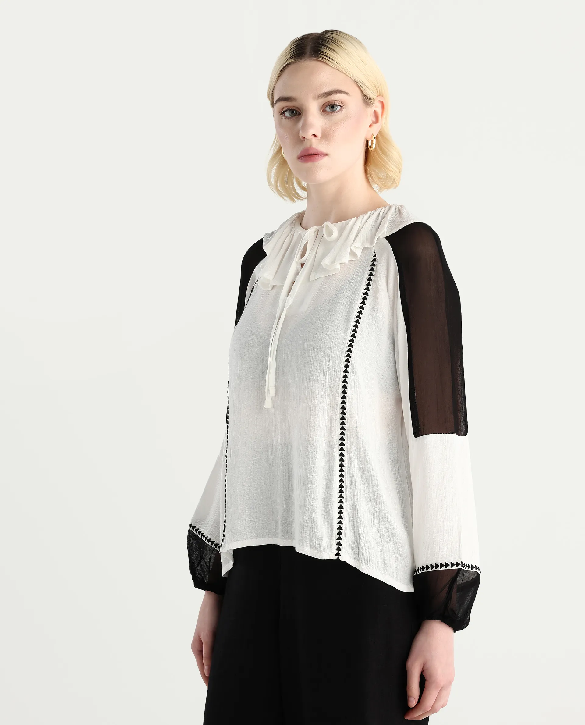 Rareism Women's Janmolo White Rayon Ruffled Neck Color Block Raglan Sleeve Regular Fit Top - Image 5
