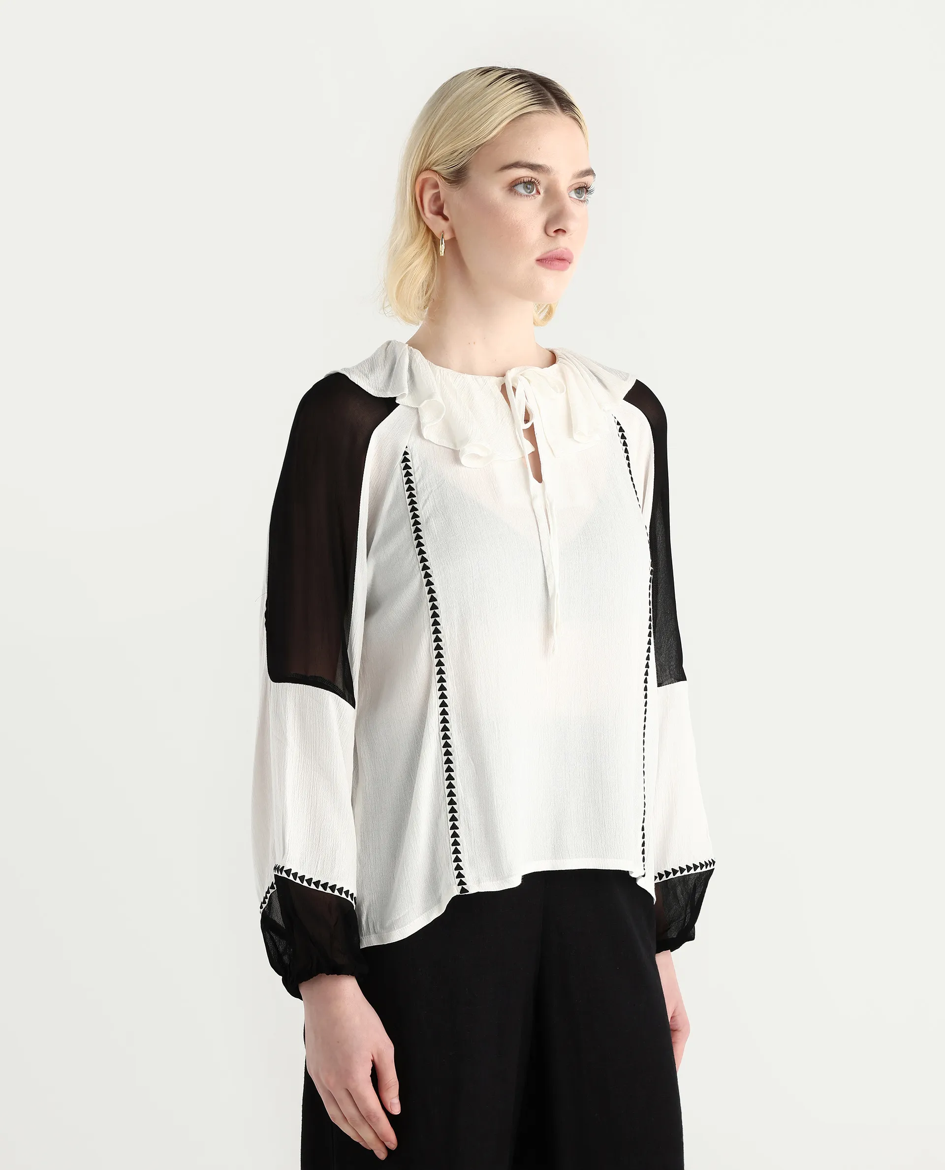 Rareism Women's Janmolo White Rayon Ruffled Neck Color Block Raglan Sleeve Regular Fit Top - Image 6