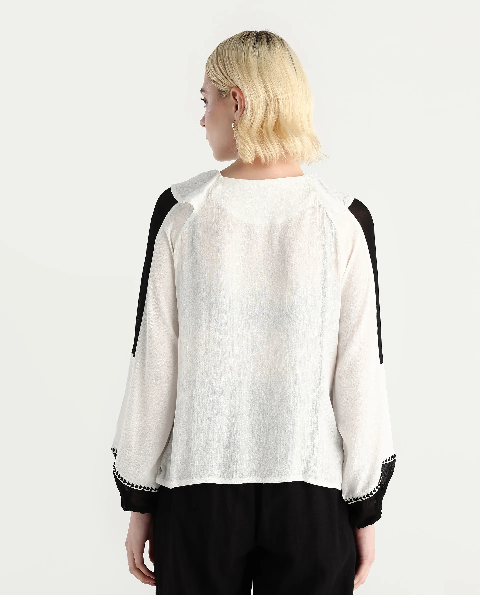 Rareism Women's Janmolo White Rayon Ruffled Neck Color Block Raglan Sleeve Regular Fit Top - Image 7