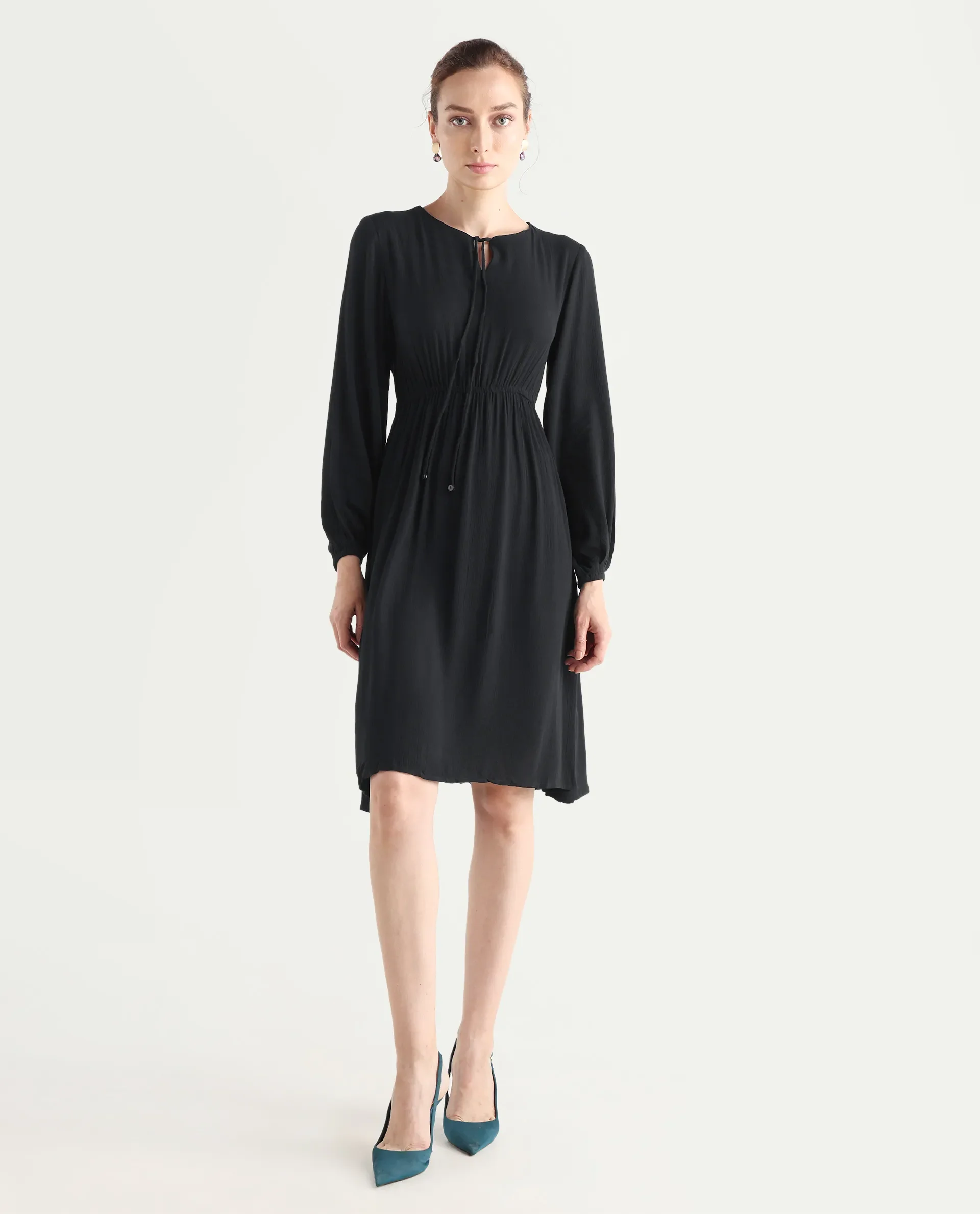Rareism Women's Janog Black Cotton Tie-Up Neck Plain Bishop Sleeve Knee Length Fit And Flare Dress - Image 2