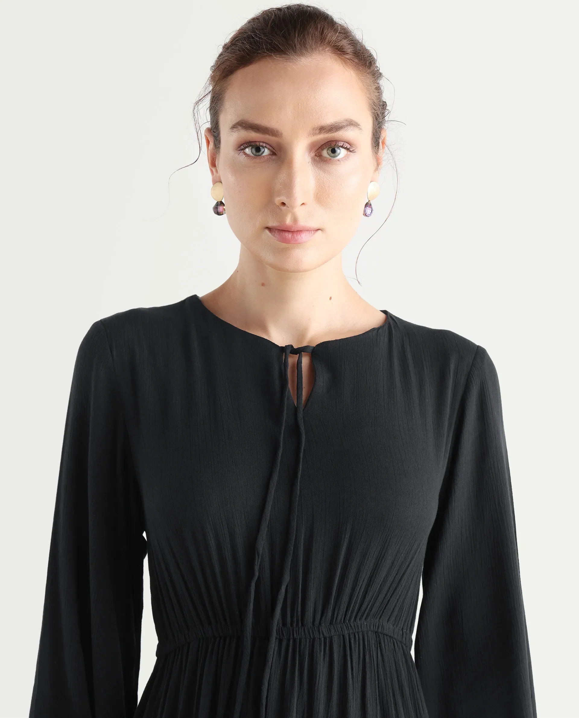 Rareism Women's Janog Black Cotton Tie-Up Neck Plain Bishop Sleeve Knee Length Fit And Flare Dress - Image 3