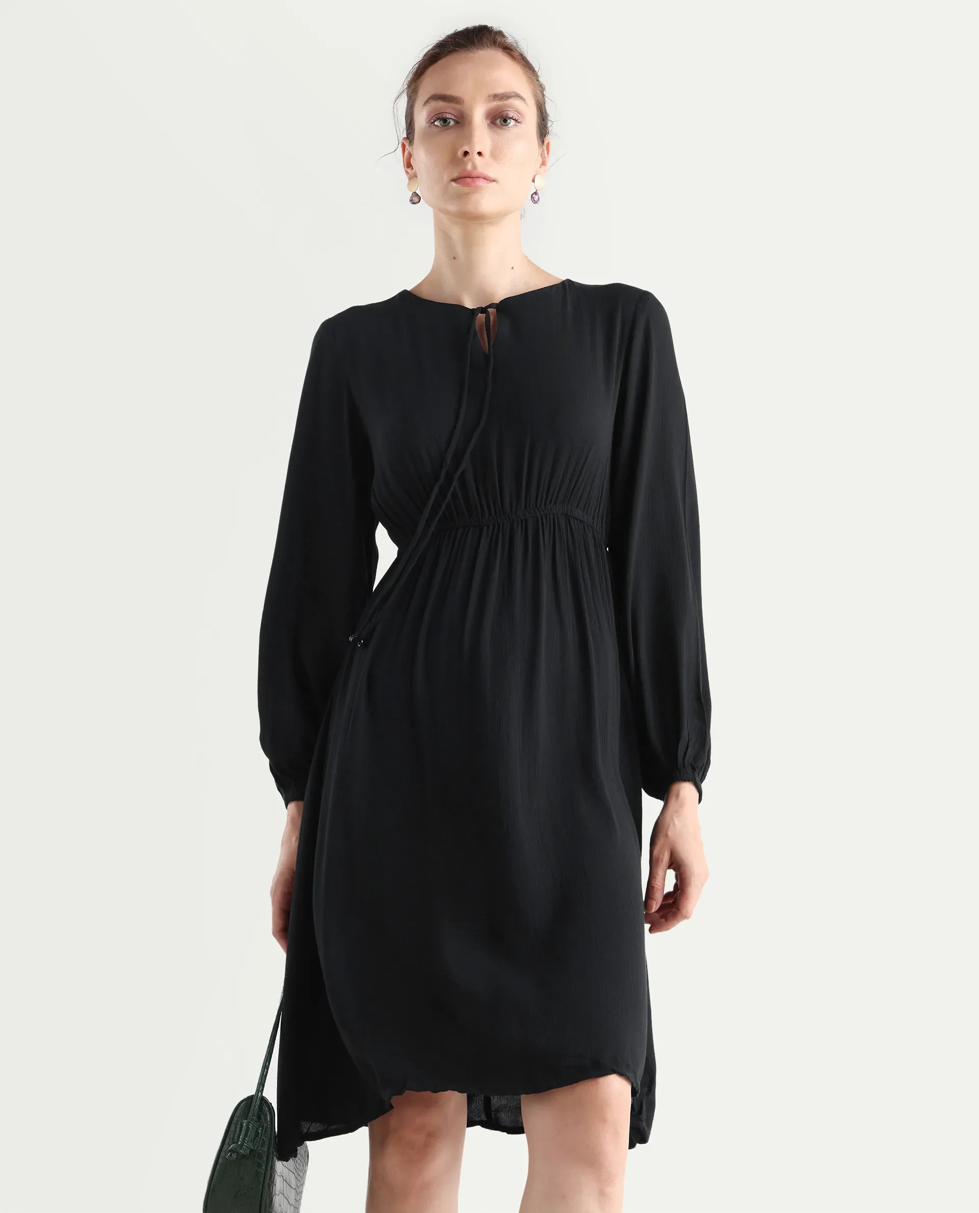 Rareism Women's Janog Black Cotton Tie-Up Neck Plain Bishop Sleeve Knee Length Fit And Flare Dress - Image 4