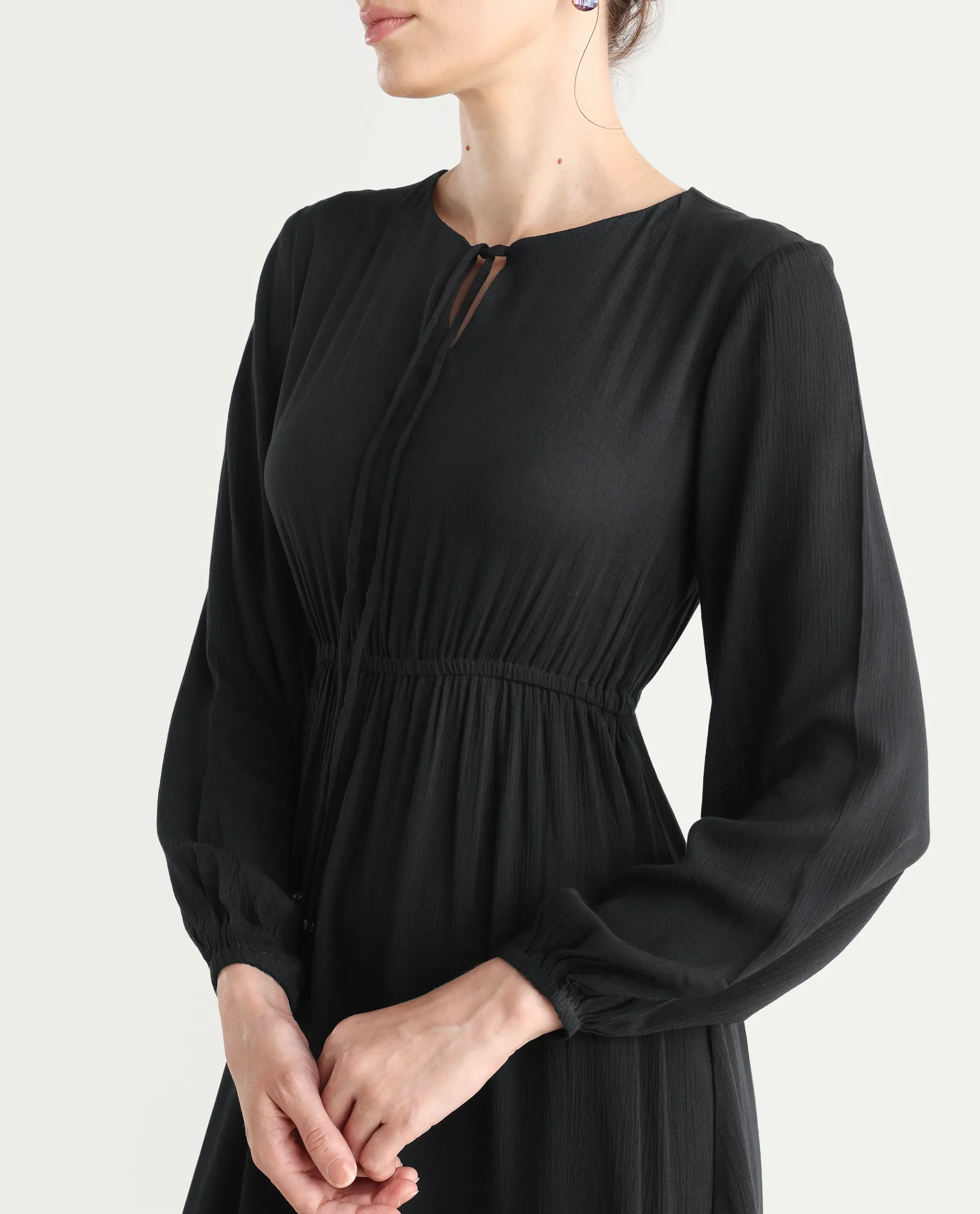 Rareism Women's Janog Black Cotton Tie-Up Neck Plain Bishop Sleeve Knee Length Fit And Flare Dress - Image 5