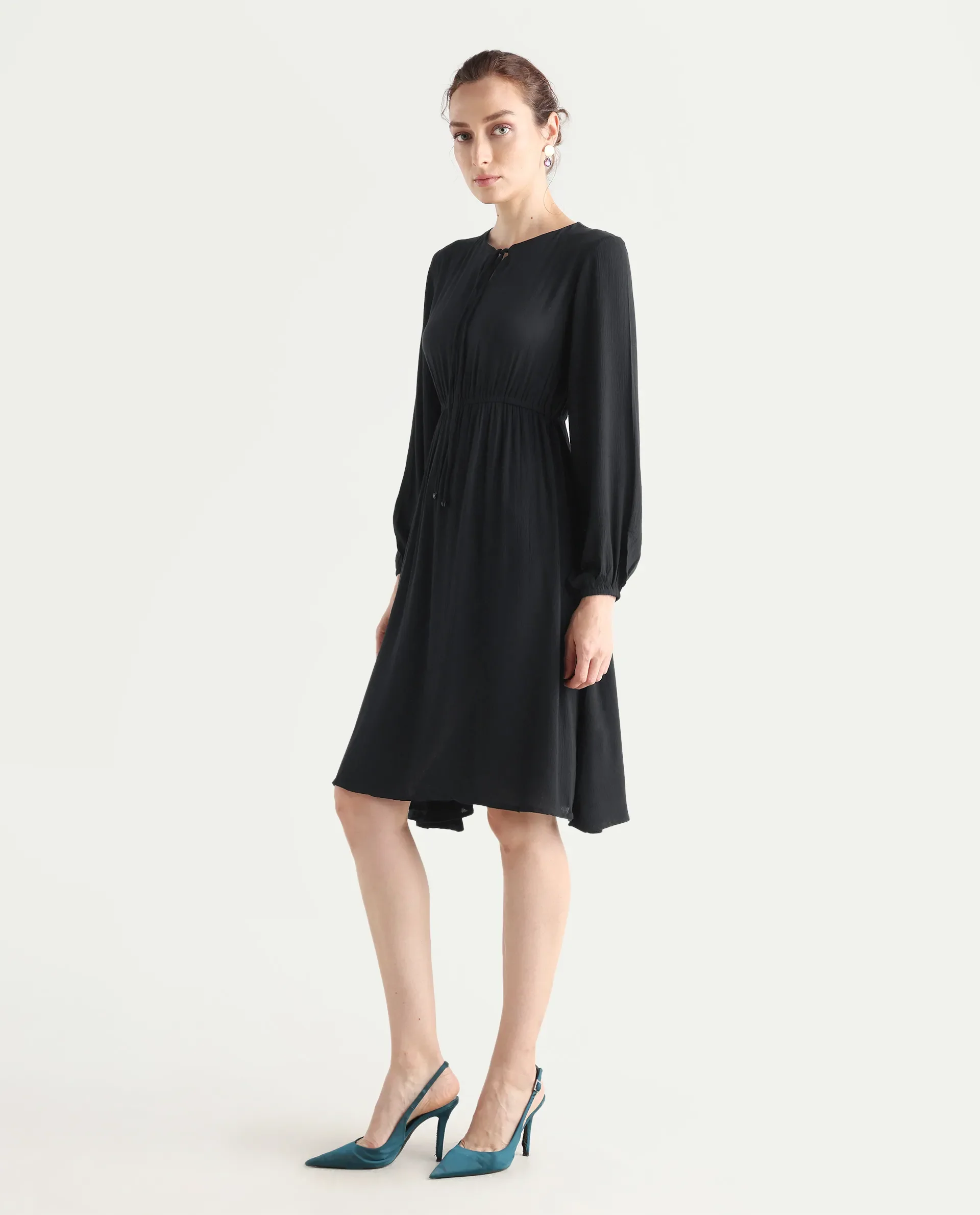 Rareism Women's Janog Black Cotton Tie-Up Neck Plain Bishop Sleeve Knee Length Fit And Flare Dress - Image 6