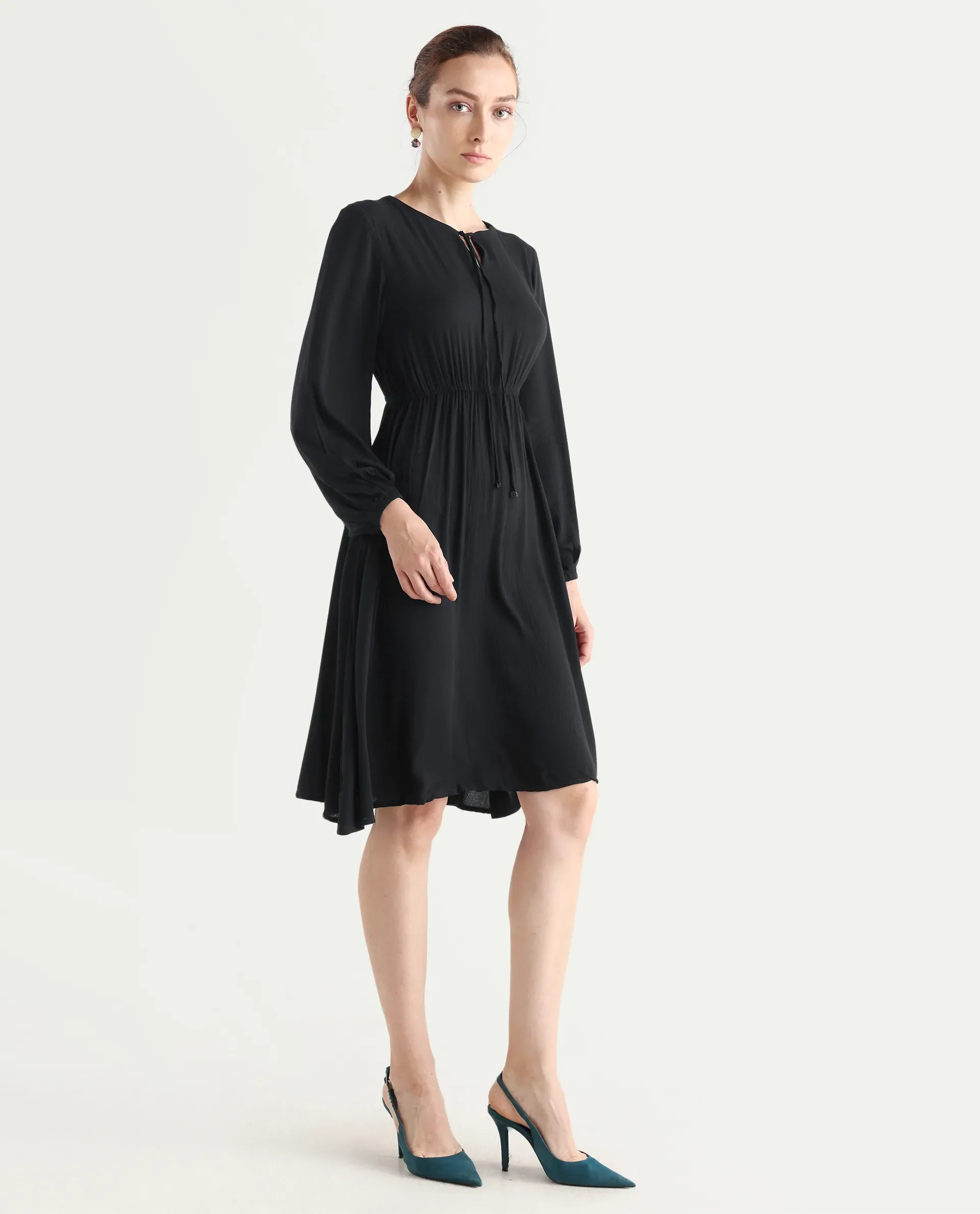 Rareism Women's Janog Black Cotton Tie-Up Neck Plain Bishop Sleeve Knee Length Fit And Flare Dress - Image 7
