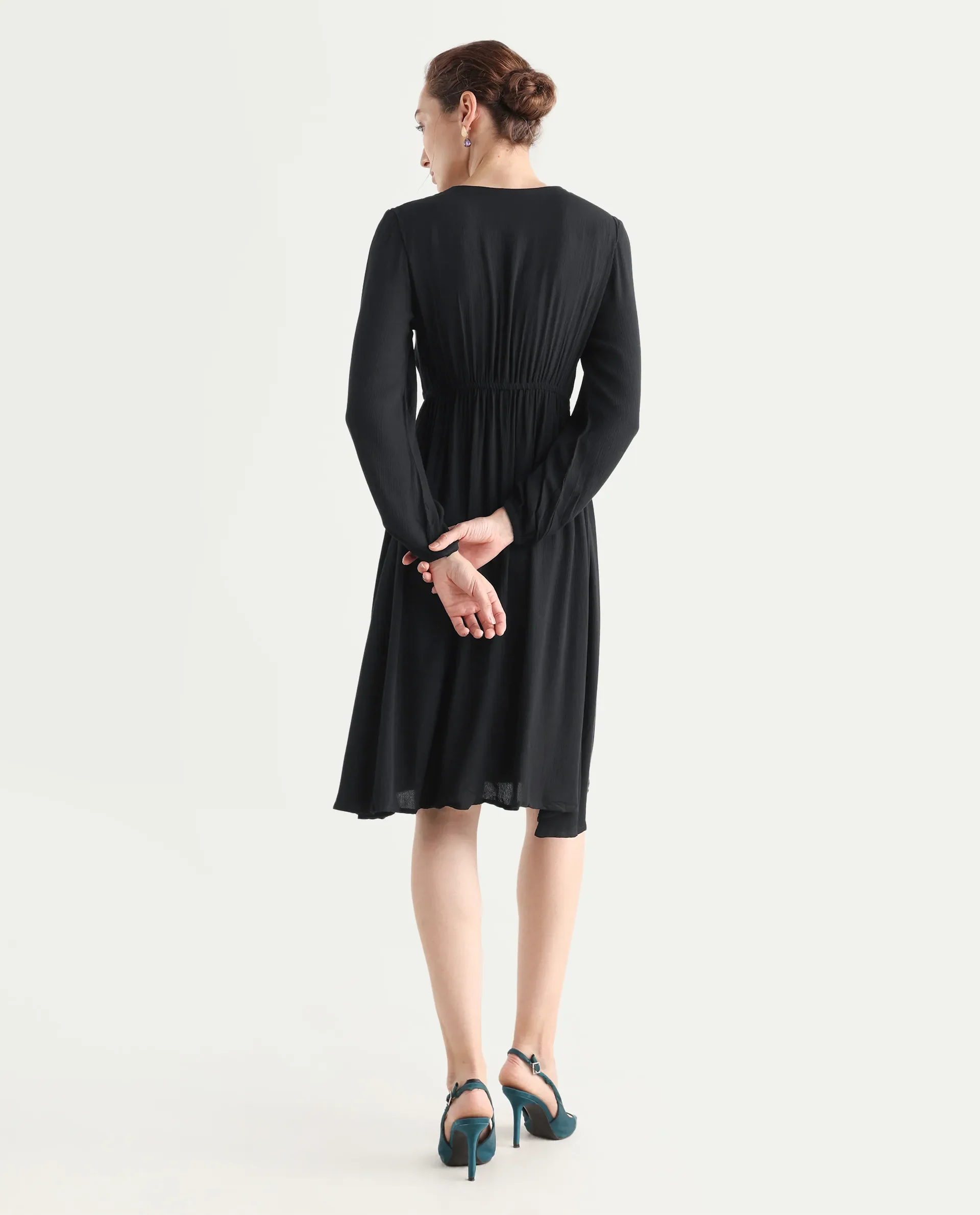 Rareism Women's Janog Black Cotton Tie-Up Neck Plain Bishop Sleeve Knee Length Fit And Flare Dress - Image 8