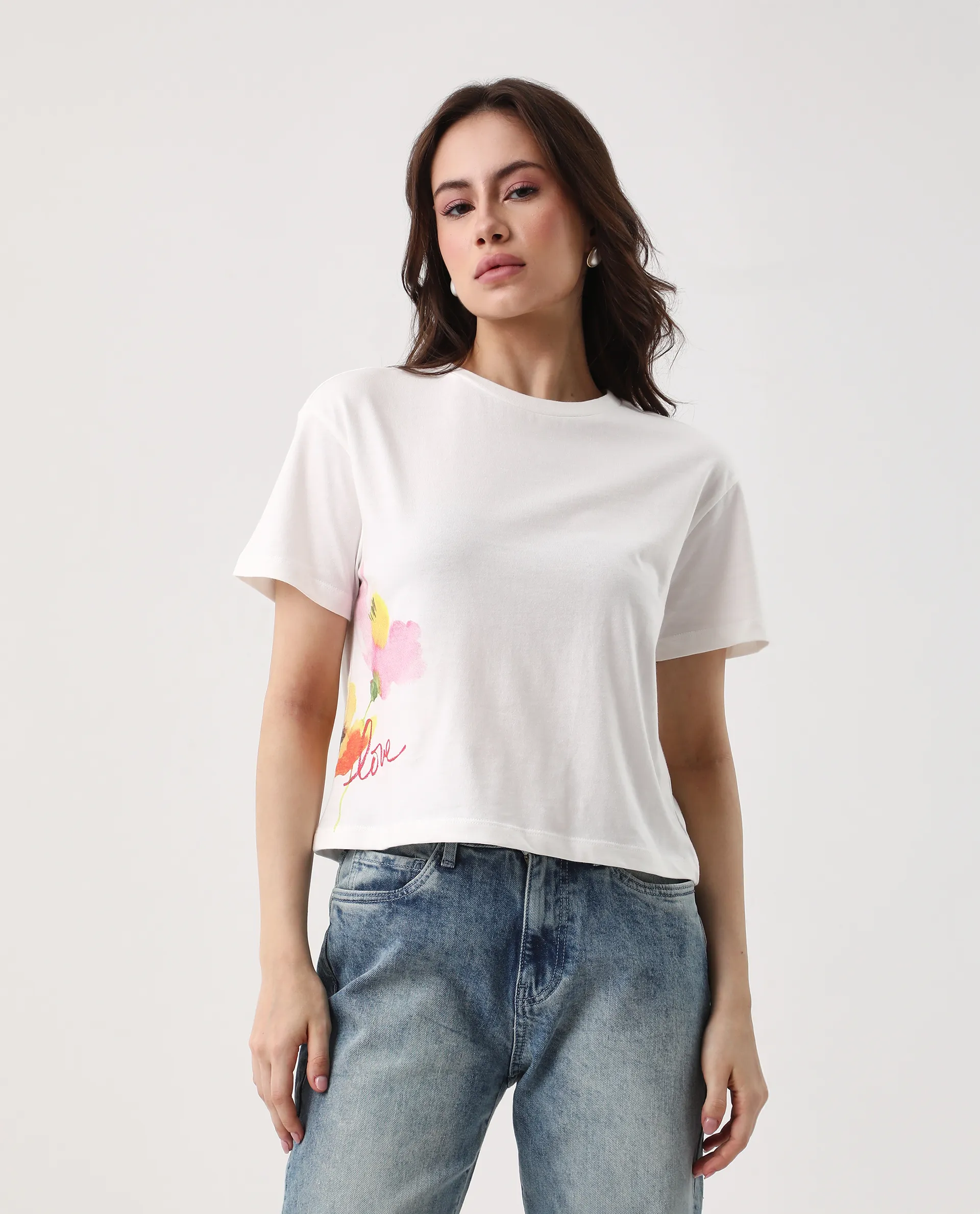 Rareism Women's Janol Off White Cotton Round Neck Floral Print Crop Regular Fit T-Shirt - Image 3