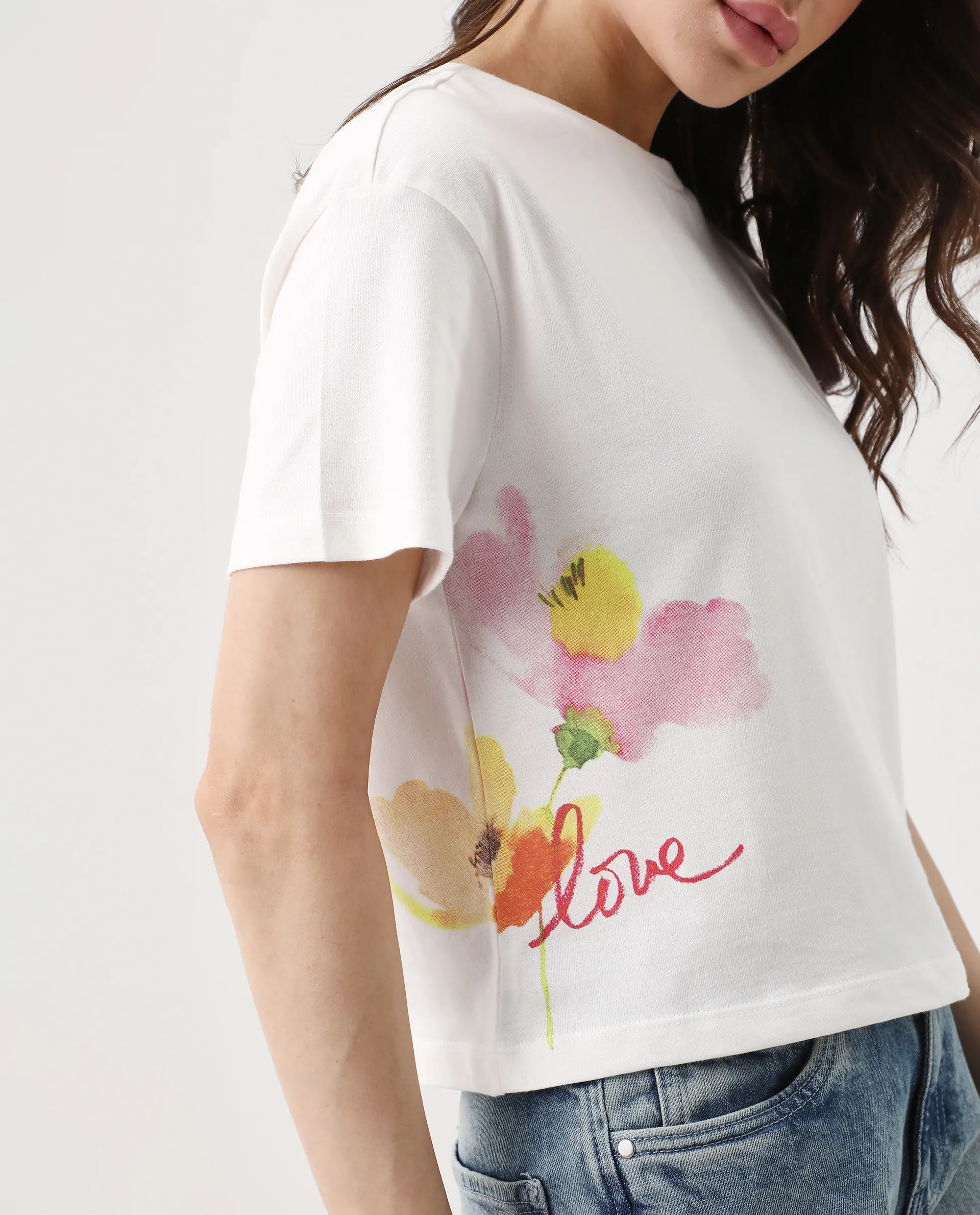 Rareism Women's Janol Off White Cotton Round Neck Floral Print Crop Regular Fit T-Shirt - Image 4