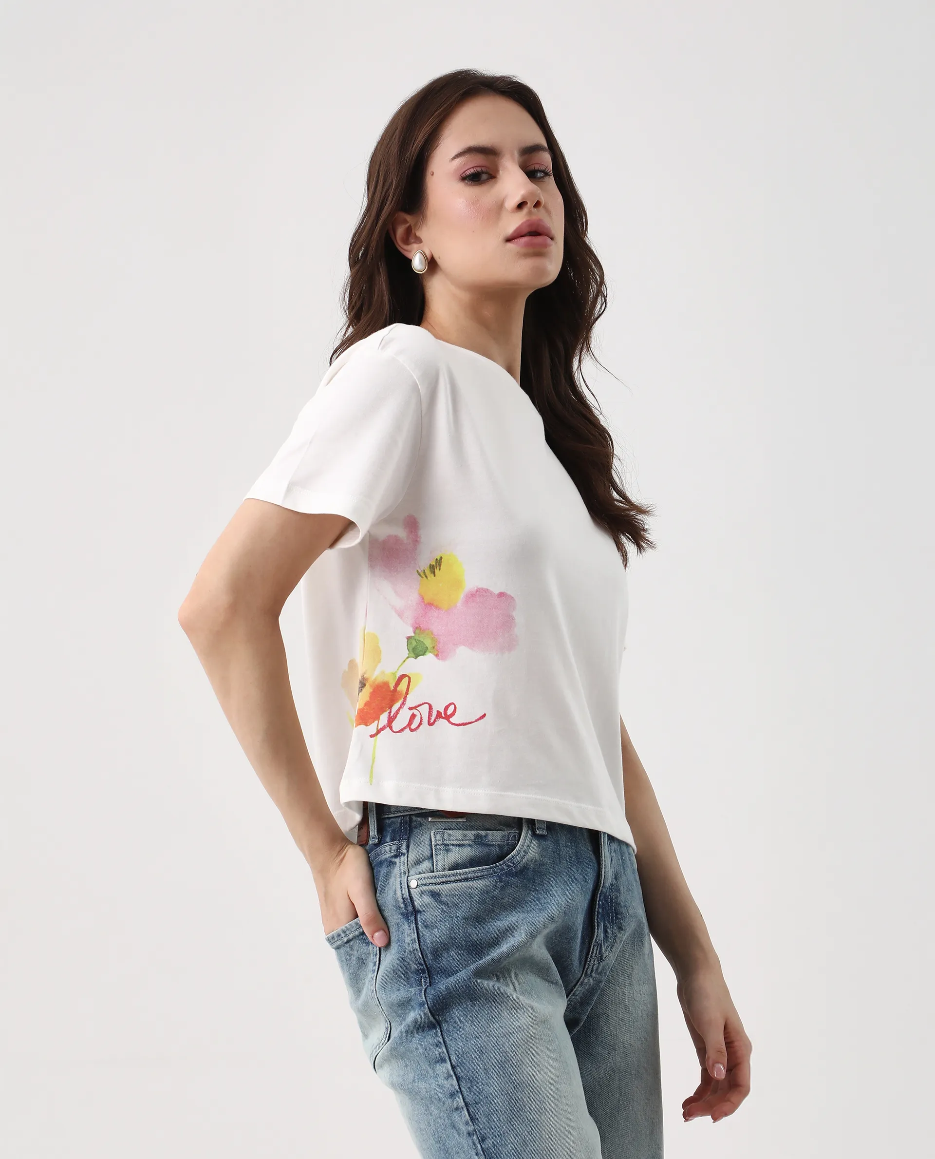 Rareism Women's Janol Off White Cotton Round Neck Floral Print Crop Regular Fit T-Shirt - Image 6
