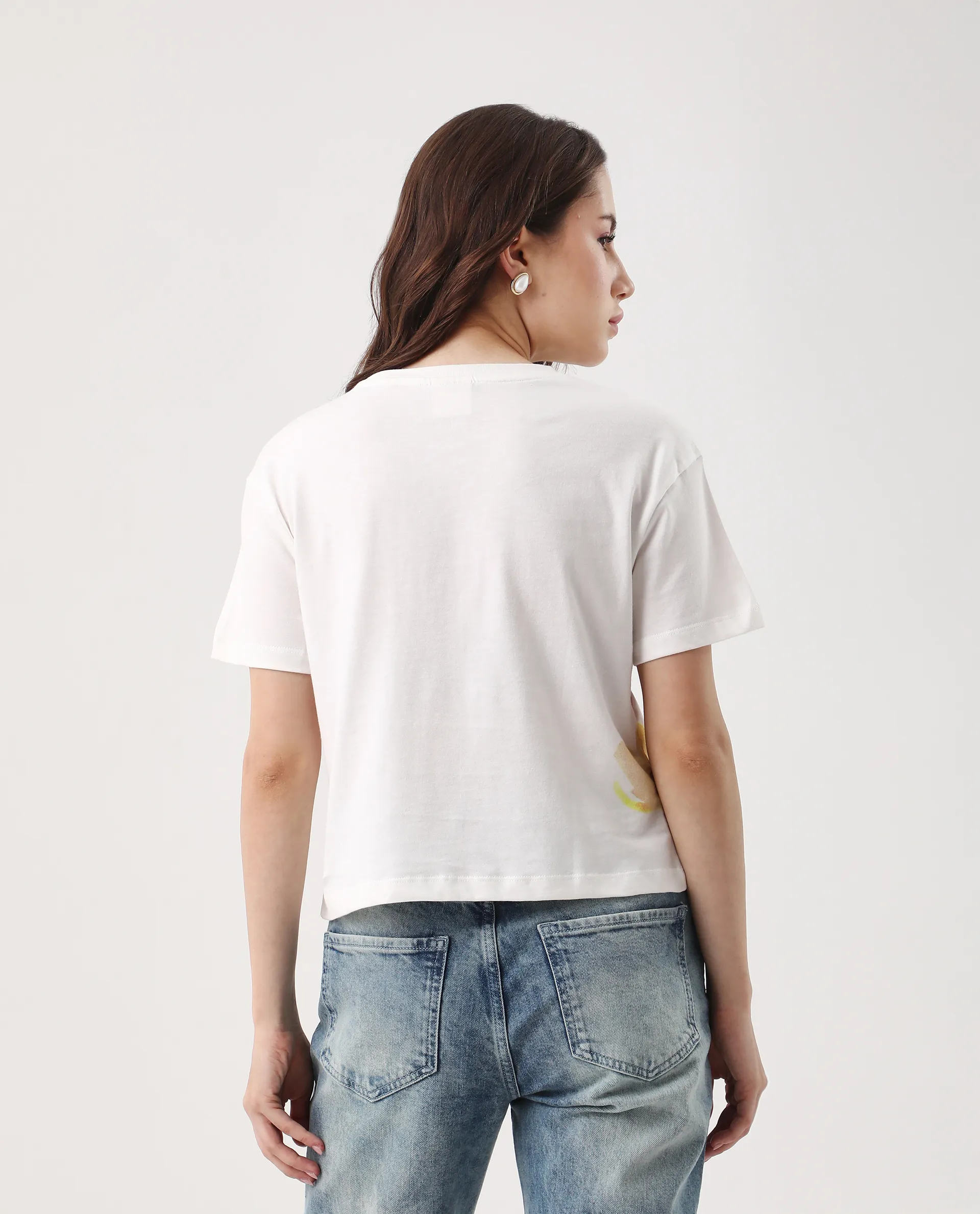 Rareism Women's Janol Off White Cotton Round Neck Floral Print Crop Regular Fit T-Shirt - Image 8