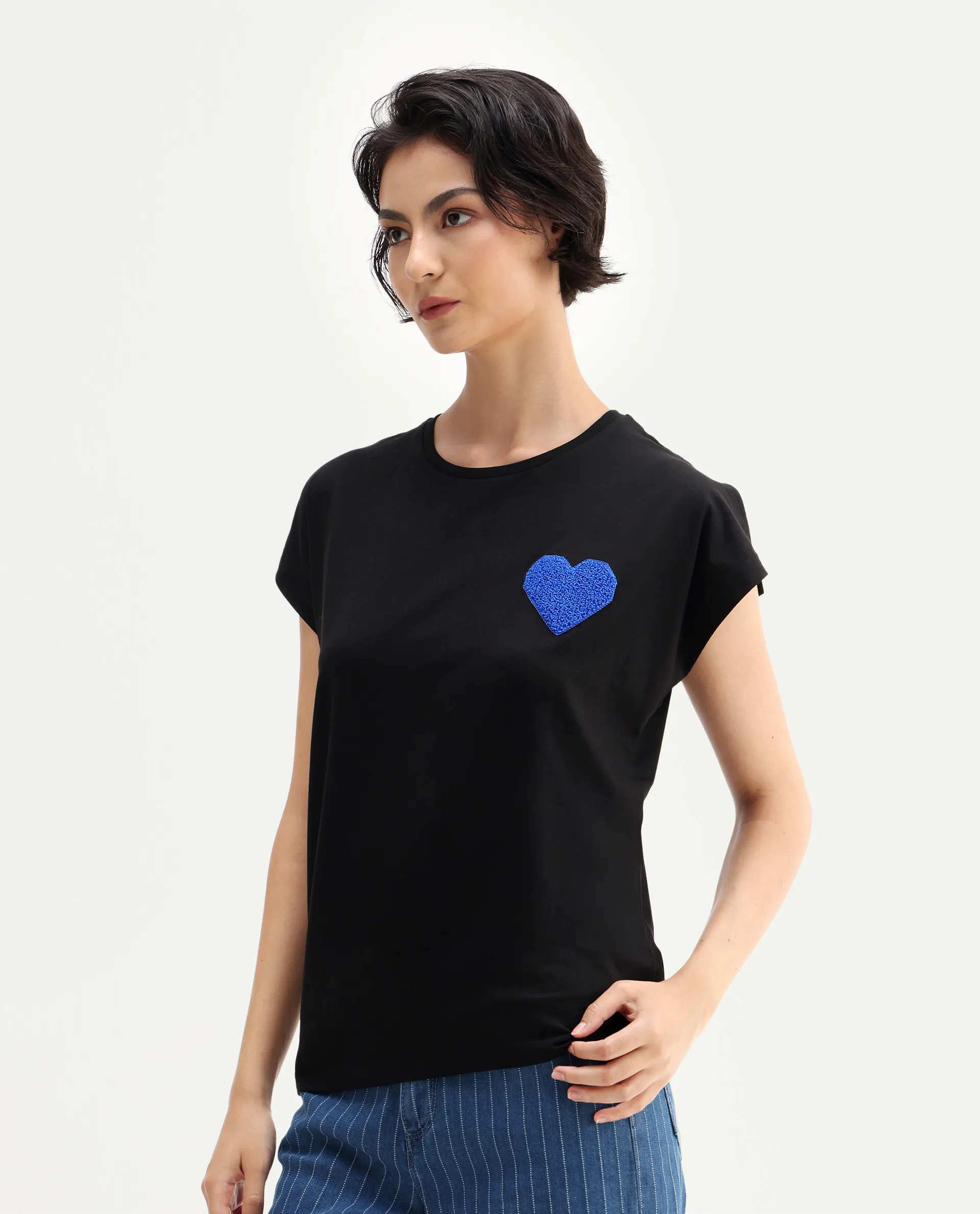 Rareism Women's Janori Black Cotton Blend Round Neck Plain Extended Sleeves Regular Fit T-Shirt - Image 5