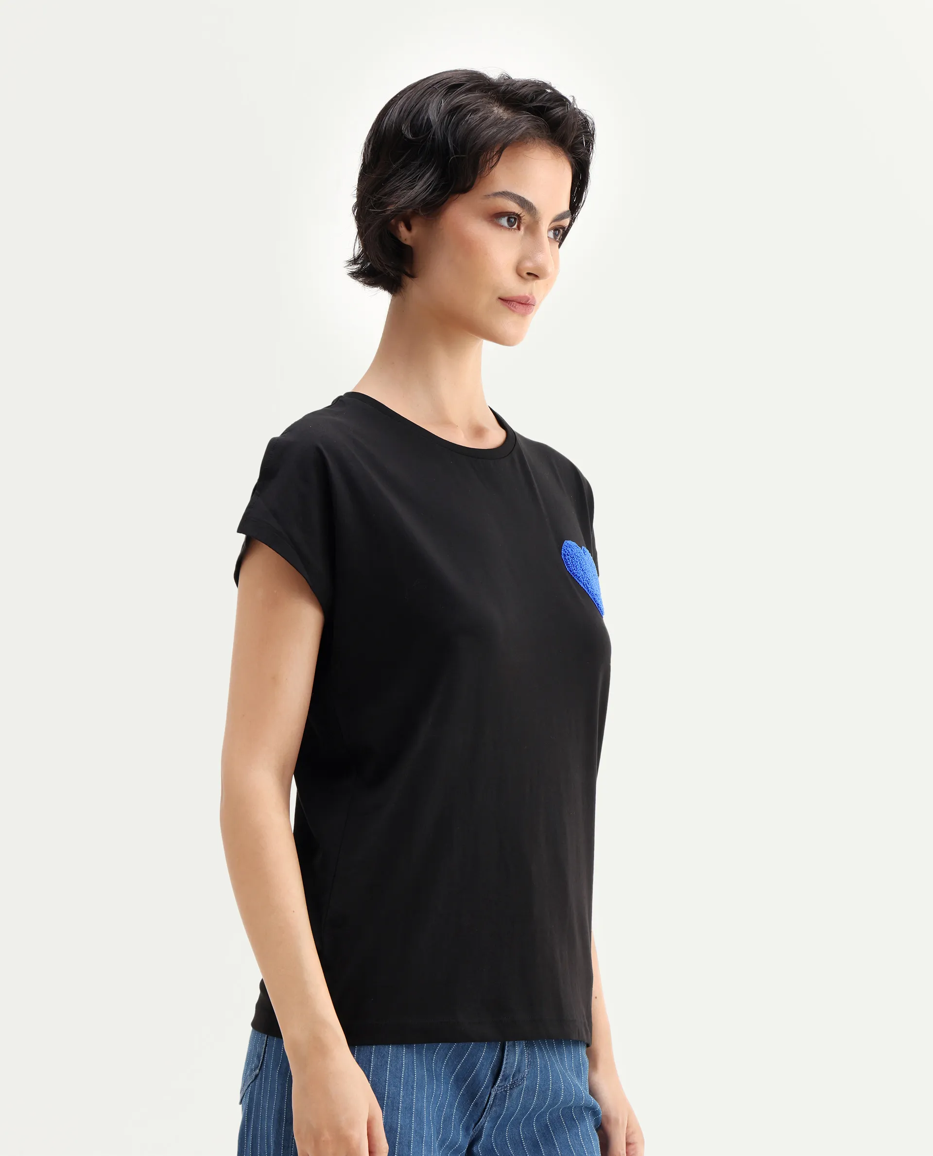 Rareism Women's Janori Black Cotton Blend Round Neck Plain Extended Sleeves Regular Fit T-Shirt - Image 6