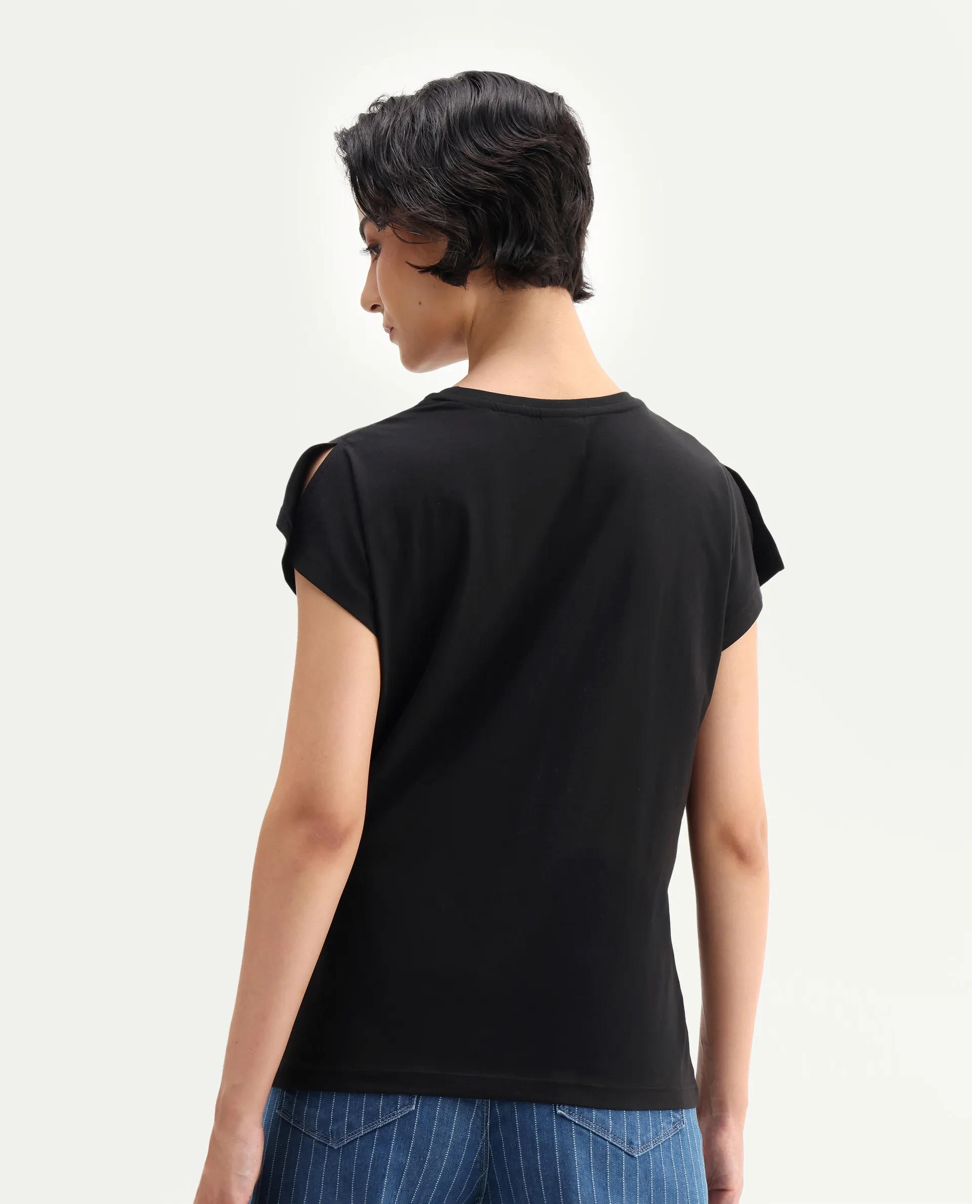 Rareism Women's Janori Black Cotton Blend Round Neck Plain Extended Sleeves Regular Fit T-Shirt - Image 7