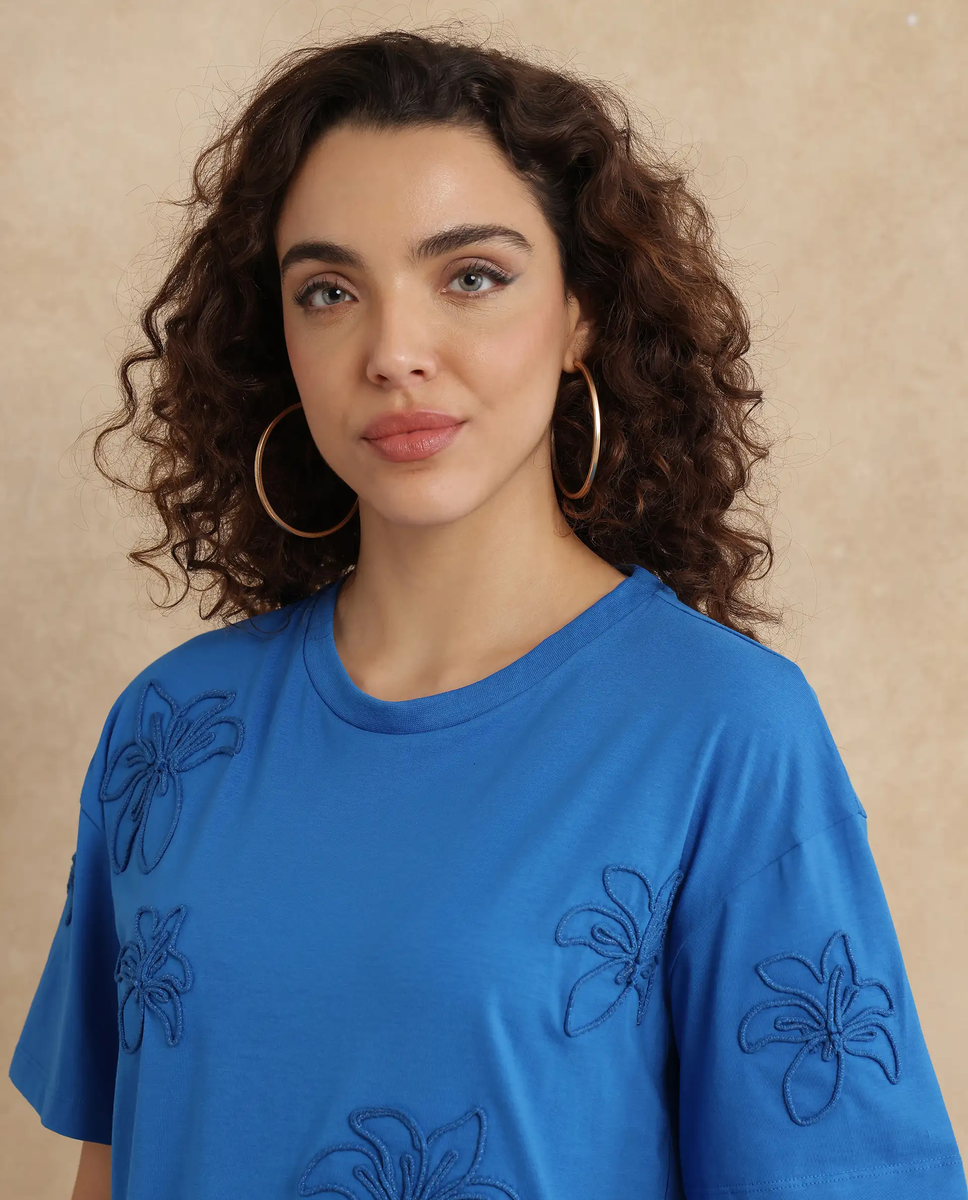Rareism Women's Janox Blue Cotton Blend Round Neck Embroidered Relaxed Fit T-Shirt - Image 4