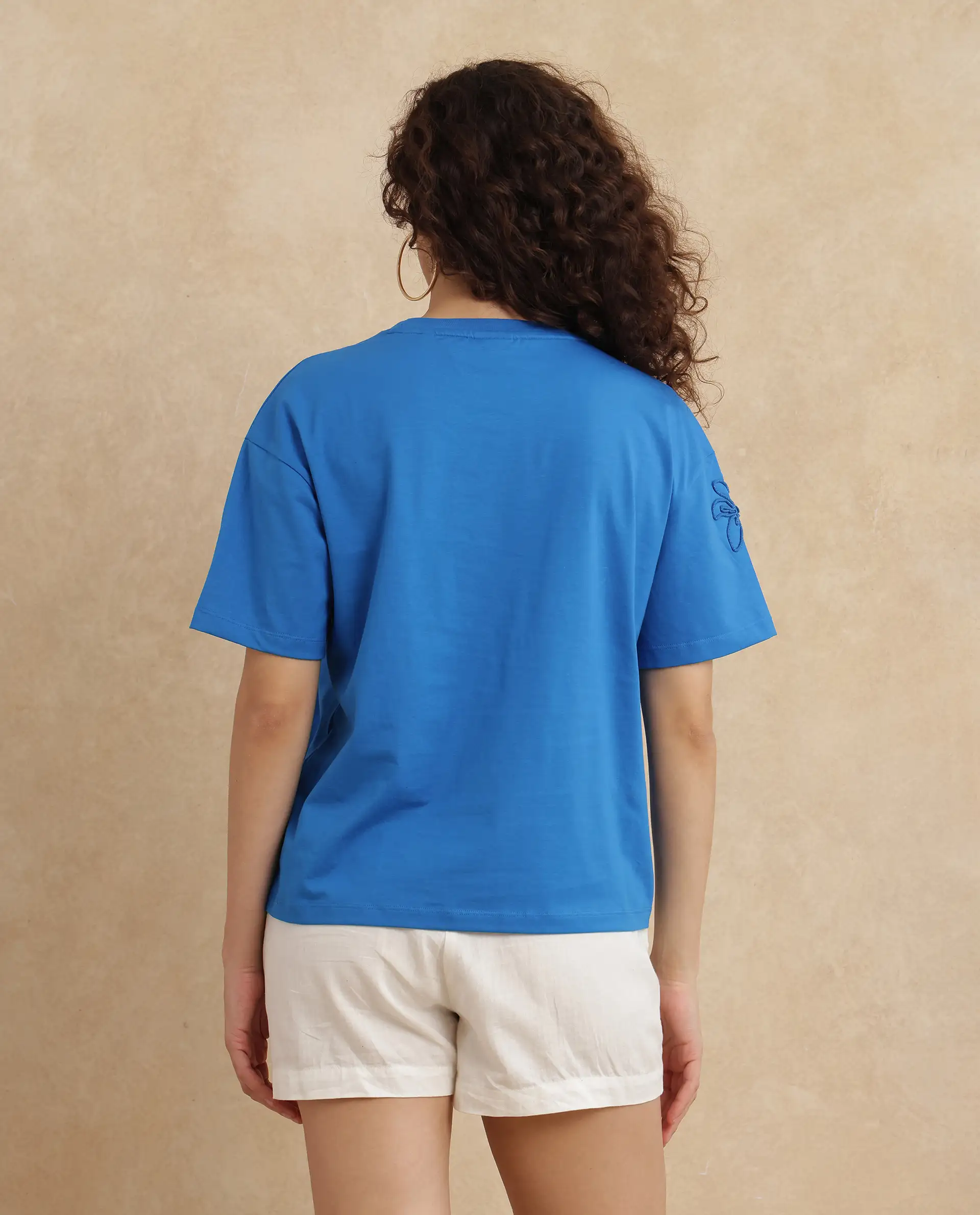Rareism Women's Janox Blue Cotton Blend Round Neck Embroidered Relaxed Fit T-Shirt - Image 9