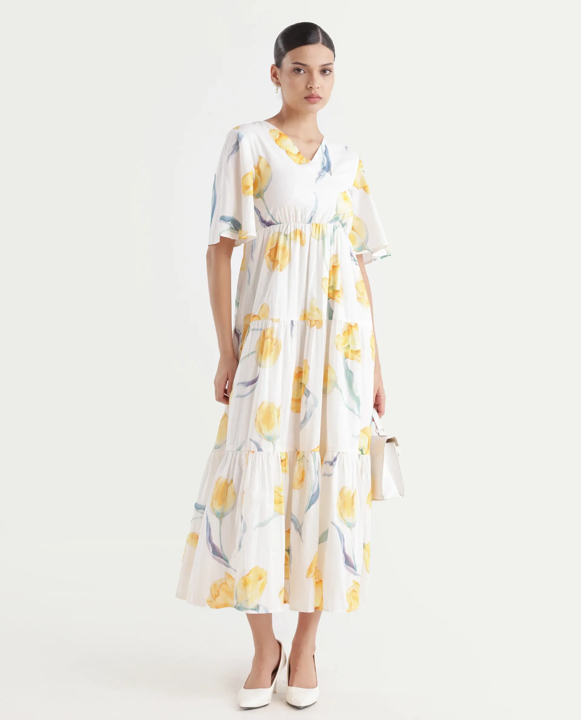 Rareism Women's Janpa Off White Cotton Overlap Neck Floral Print Ruffled Sleeve Maxi Fit And Flare Dress - Image 2