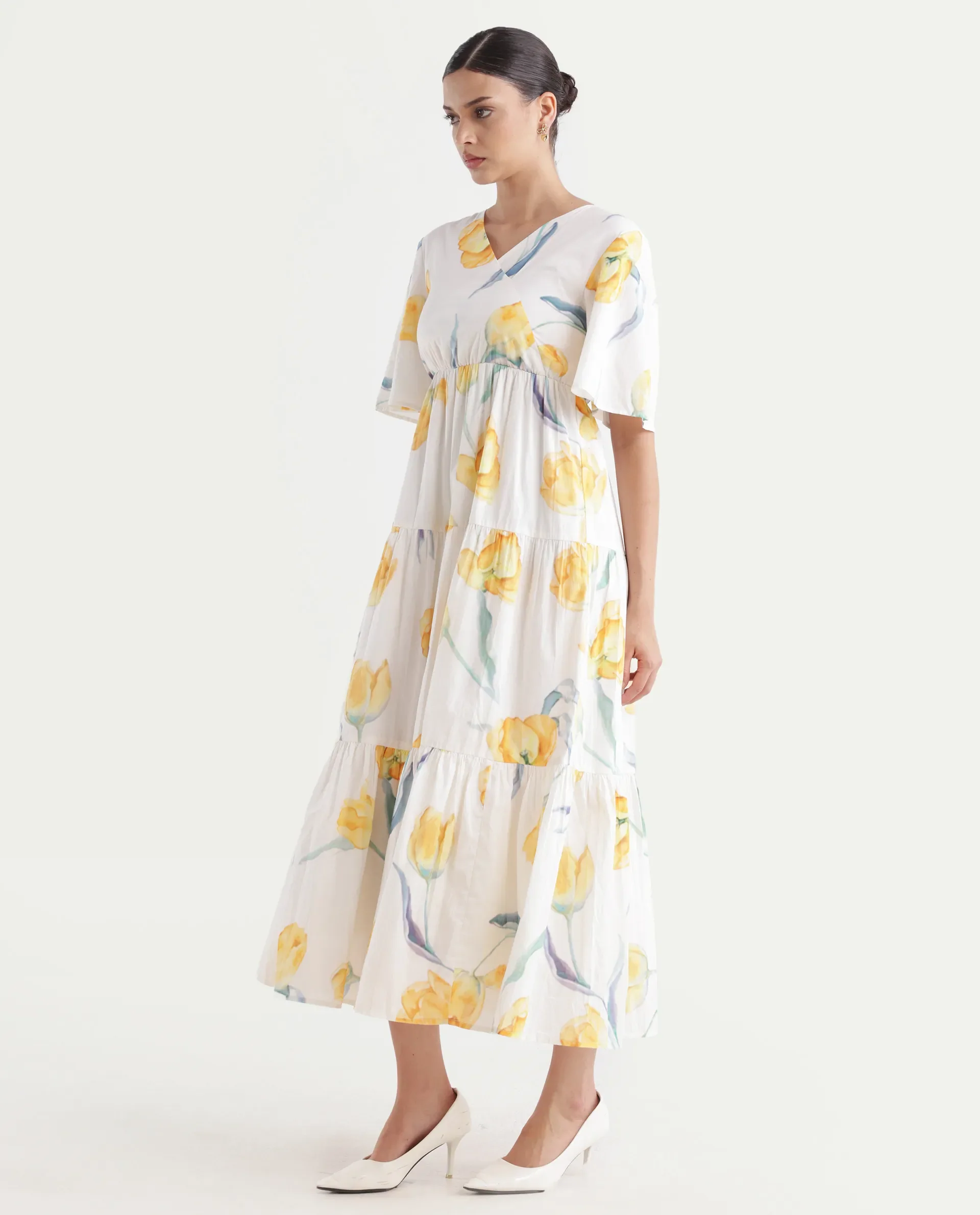 Rareism Women's Janpa Off White Cotton Overlap Neck Floral Print Ruffled Sleeve Maxi Fit And Flare Dress - Image 3