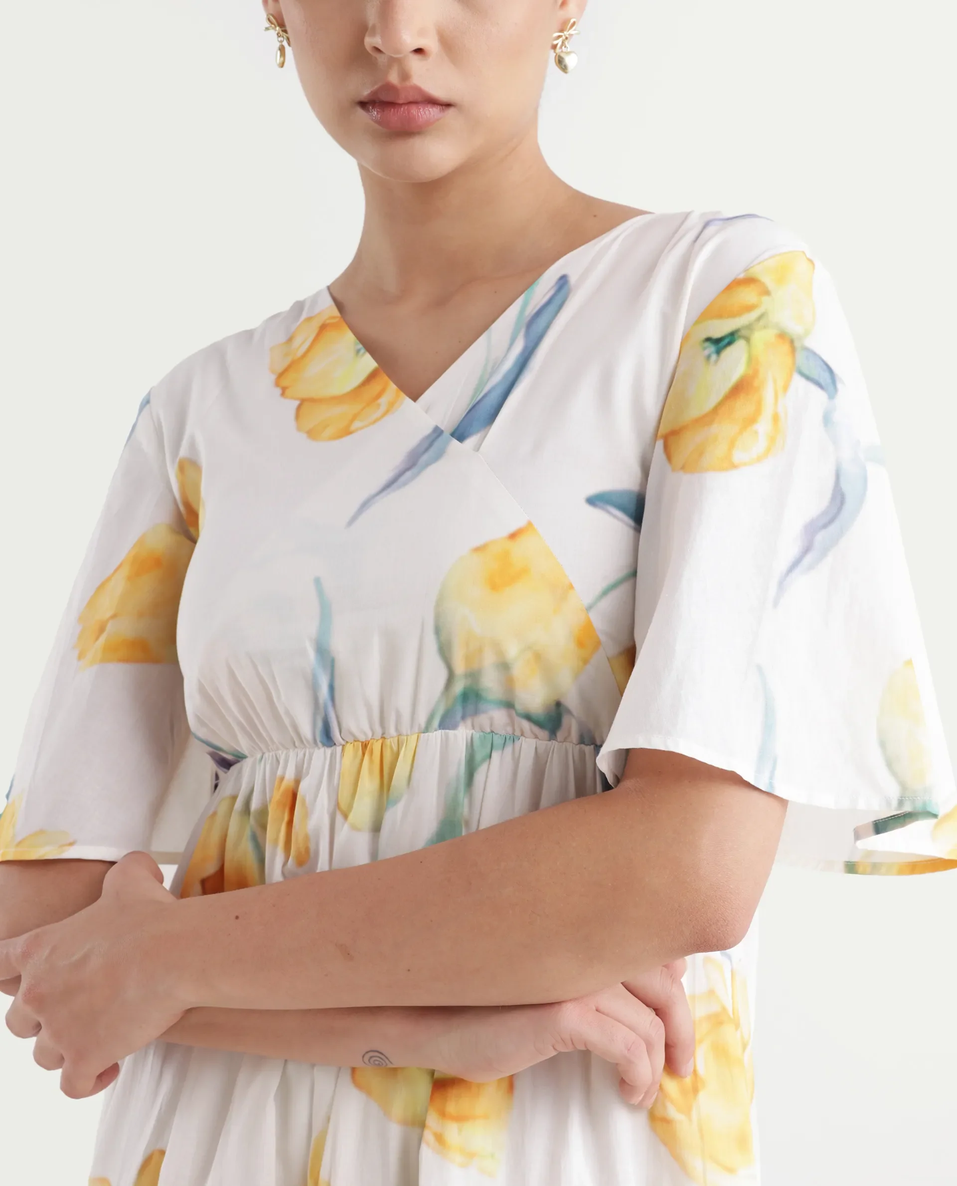 Rareism Women's Janpa Off White Cotton Overlap Neck Floral Print Ruffled Sleeve Maxi Fit And Flare Dress - Image 4