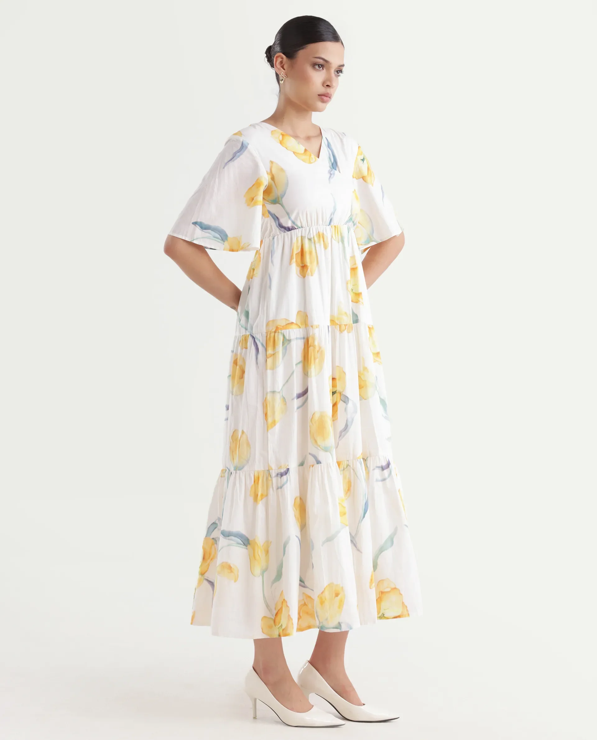 Rareism Women's Janpa Off White Cotton Overlap Neck Floral Print Ruffled Sleeve Maxi Fit And Flare Dress - Image 5