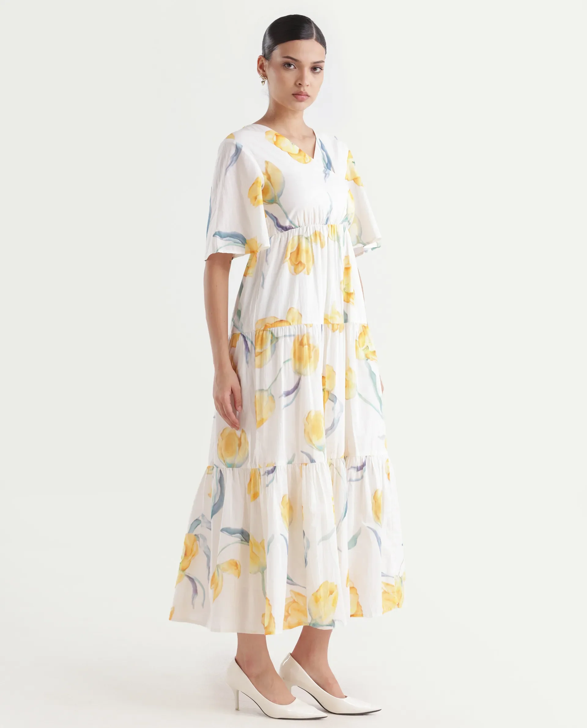 Rareism Women's Janpa Off White Cotton Overlap Neck Floral Print Ruffled Sleeve Maxi Fit And Flare Dress - Image 6