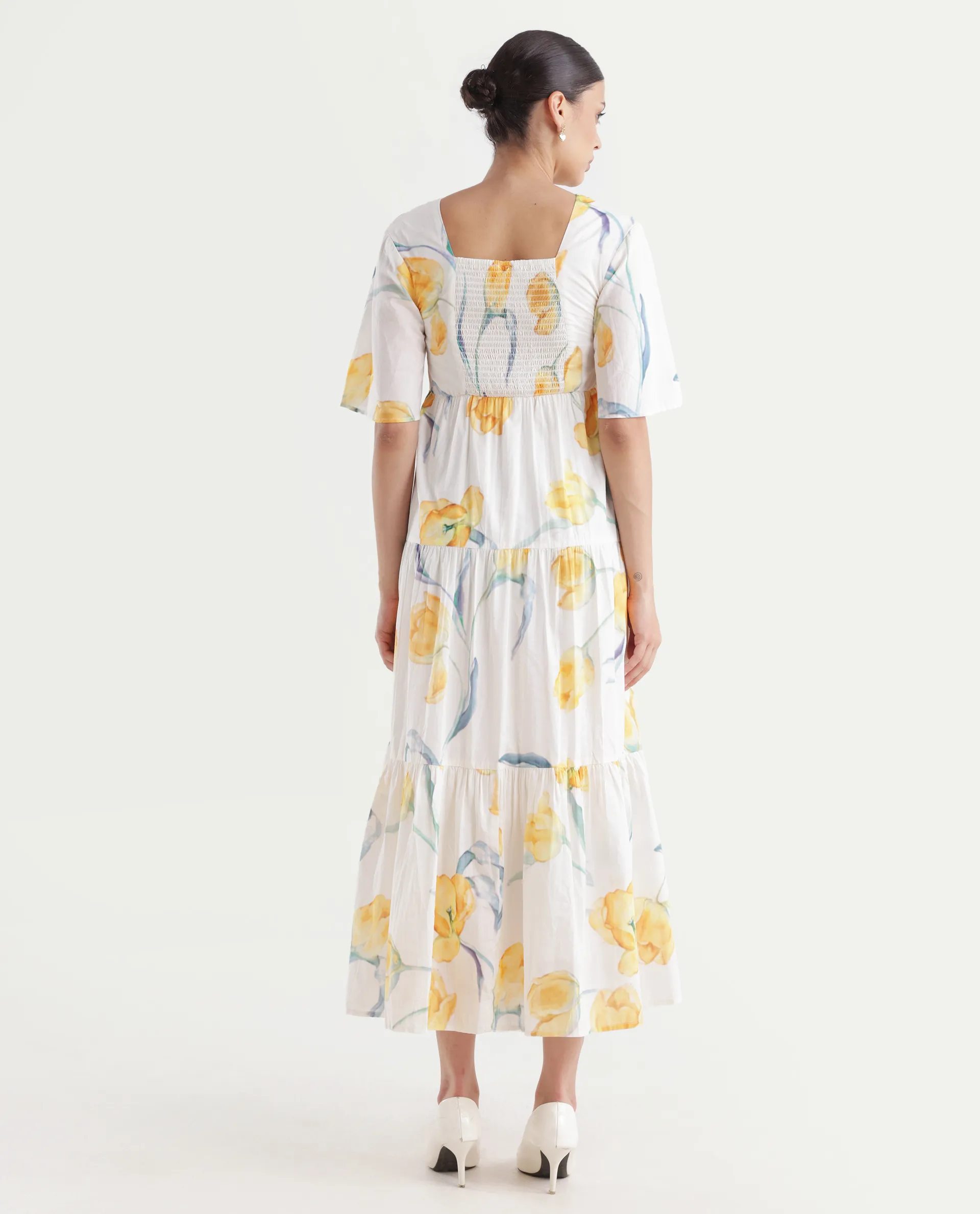 Rareism Women's Janpa Off White Cotton Overlap Neck Floral Print Ruffled Sleeve Maxi Fit And Flare Dress - Image 7
