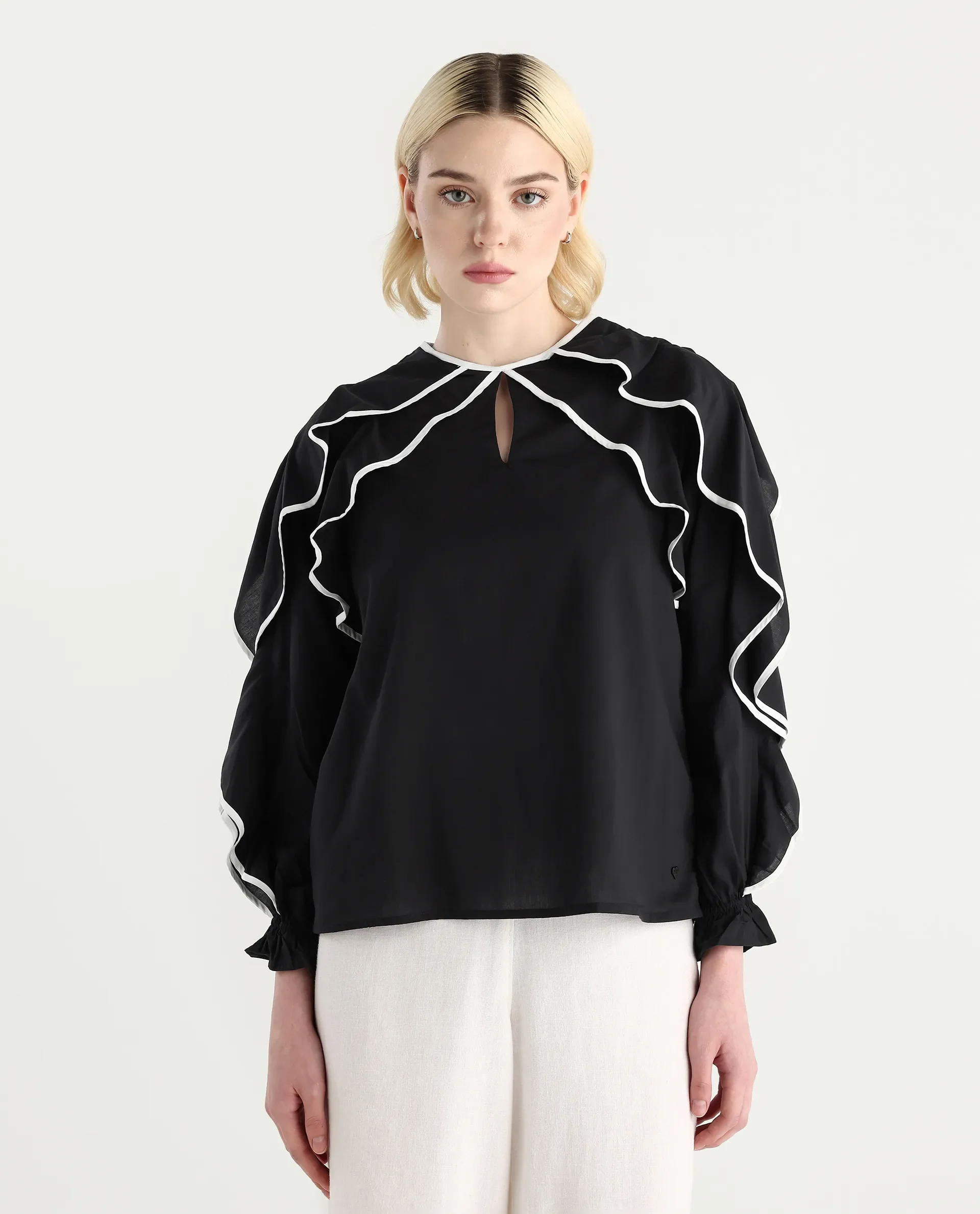 Rareism Women's Janpara Black Modal Round Neck Printed Raglan Sleeve Regular Fit Top - Image 3