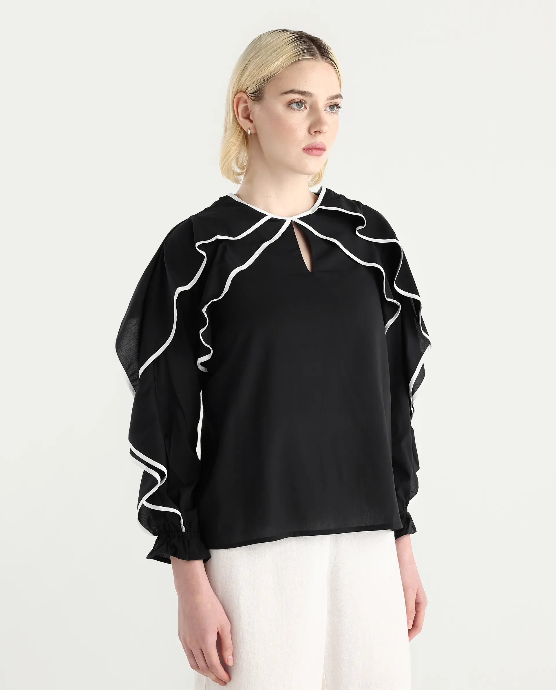 Rareism Women's Janpara Black Modal Round Neck Printed Raglan Sleeve Regular Fit Top - Image 6