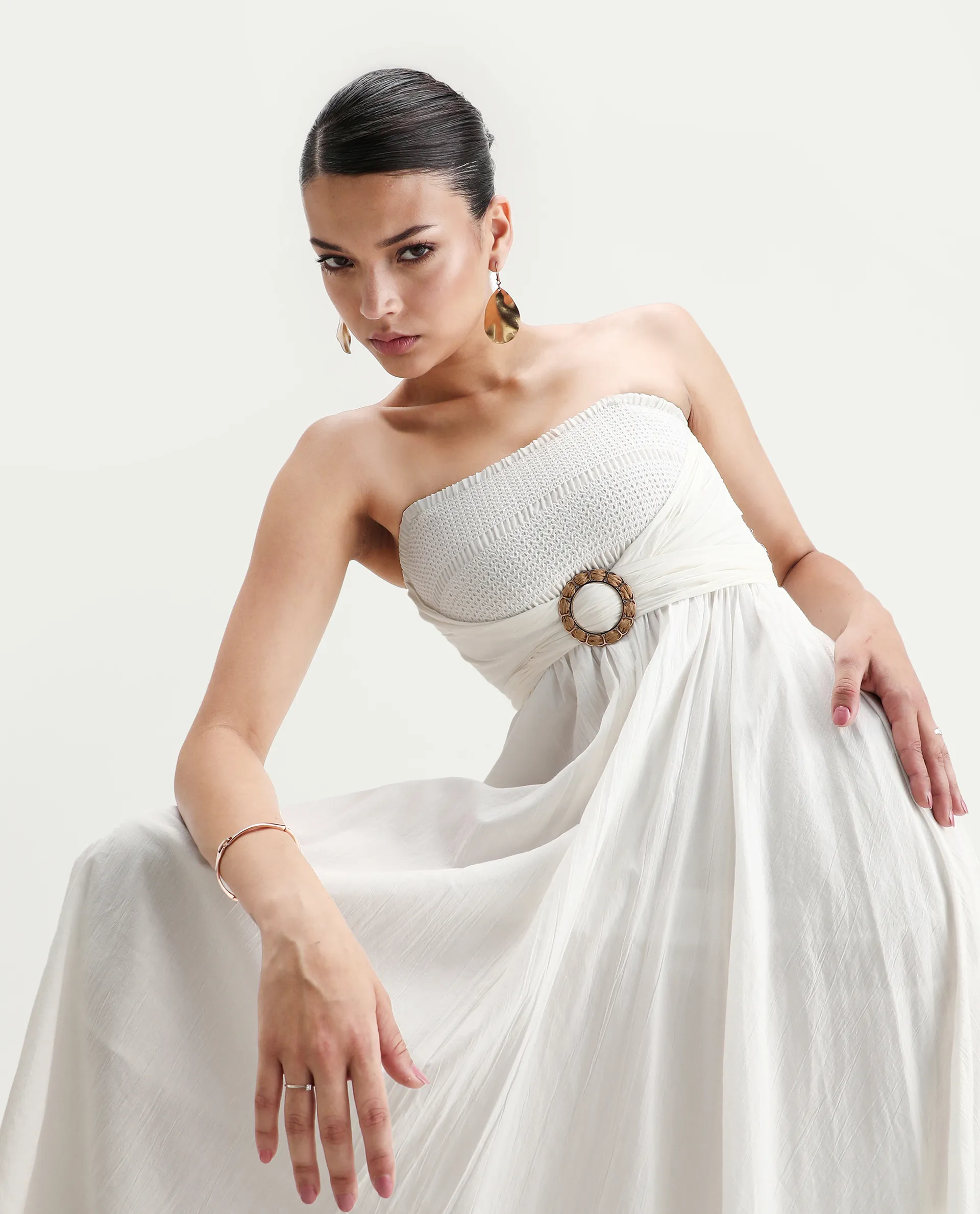 Rareism Women's Janpla Off White Cotton Tube Neck Plain Sleeveless Midi Fit And Flare Dress - Image 2