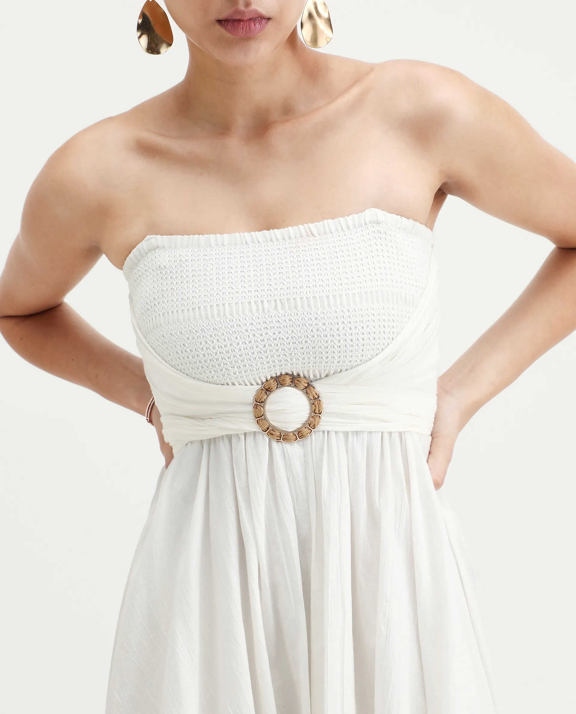 Rareism Women's Janpla Off White Cotton Tube Neck Plain Sleeveless Midi Fit And Flare Dress - Image 3