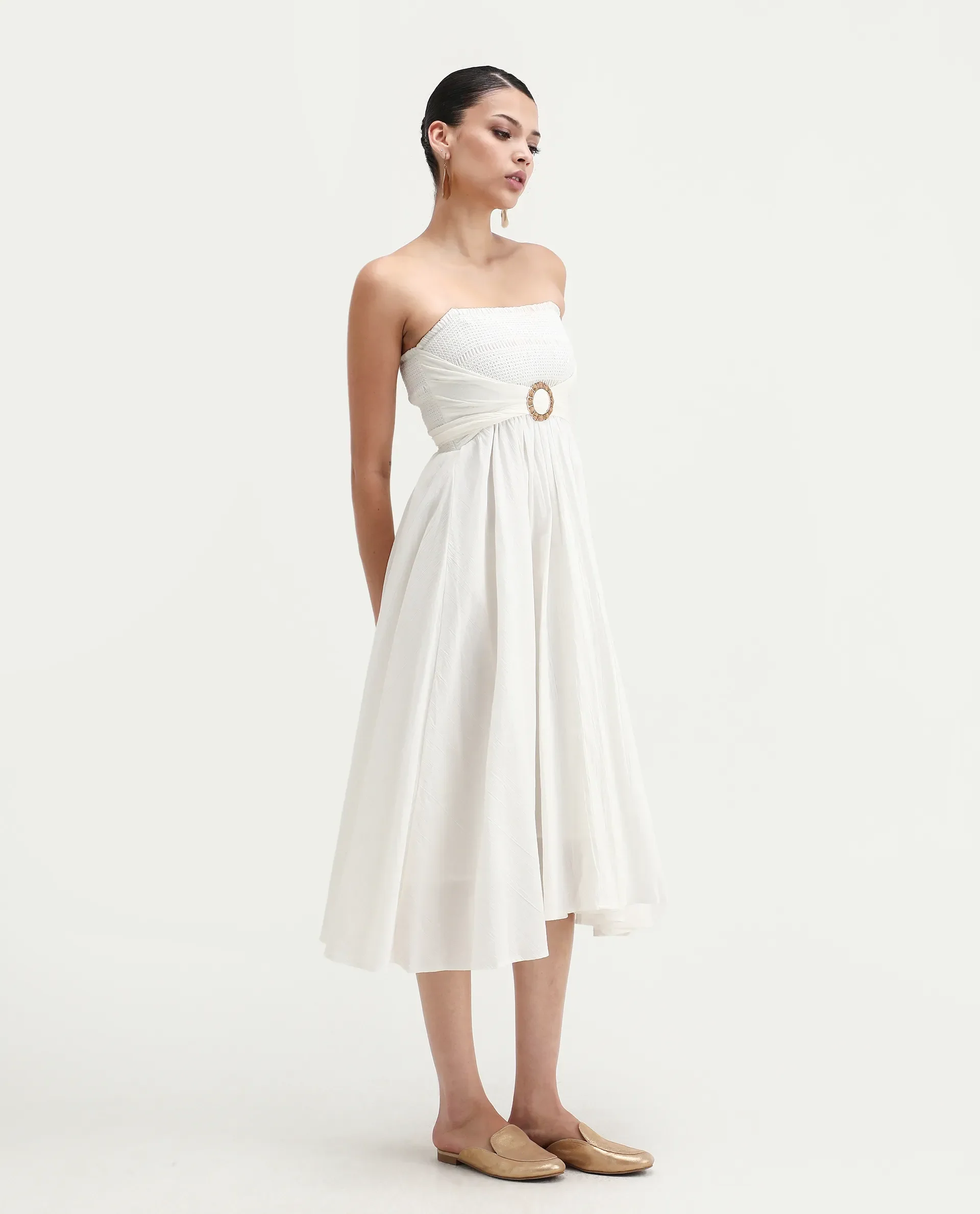 Rareism Women's Janpla Off White Cotton Tube Neck Plain Sleeveless Midi Fit And Flare Dress - Image 5