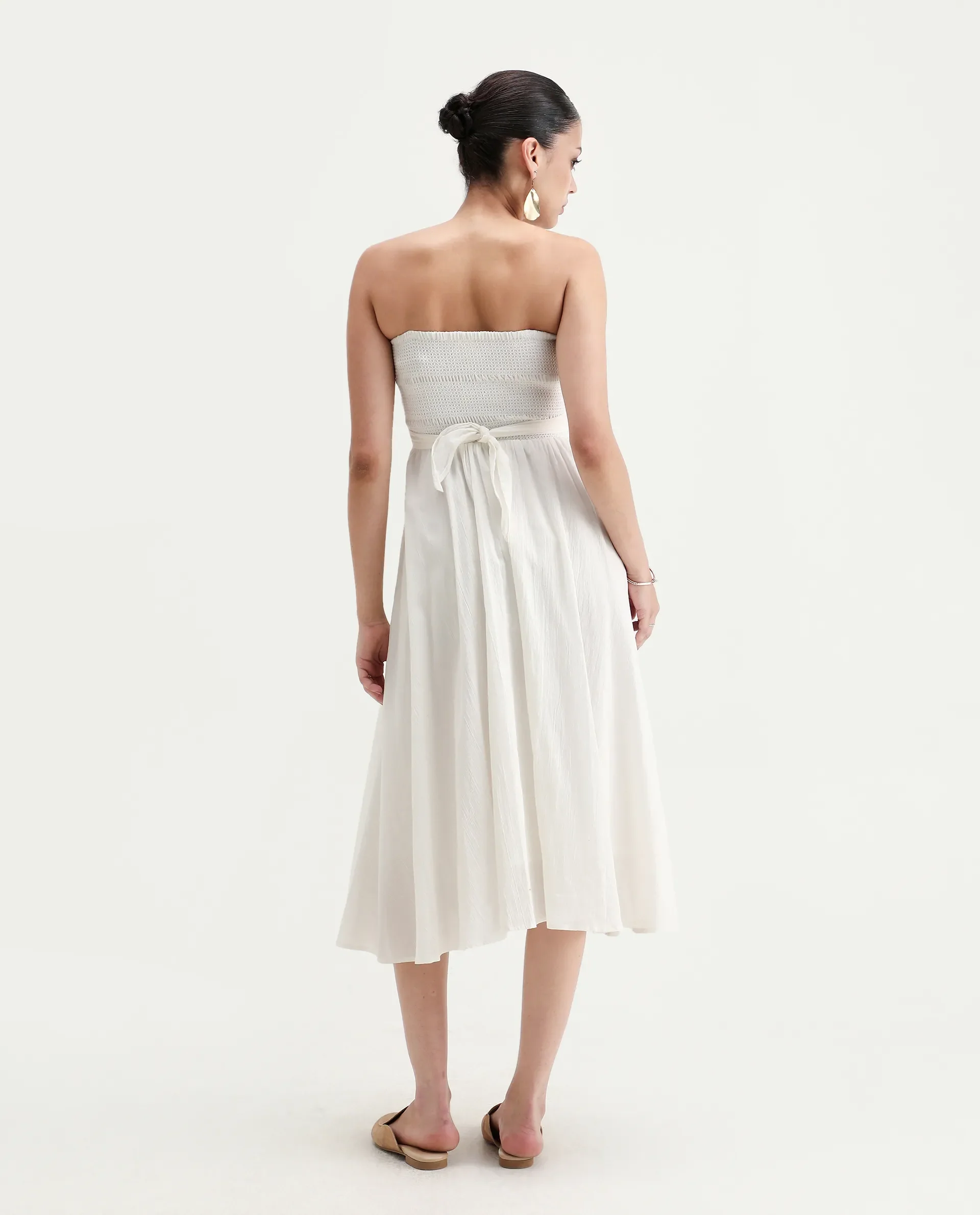 Rareism Women's Janpla Off White Cotton Tube Neck Plain Sleeveless Midi Fit And Flare Dress - Image 6