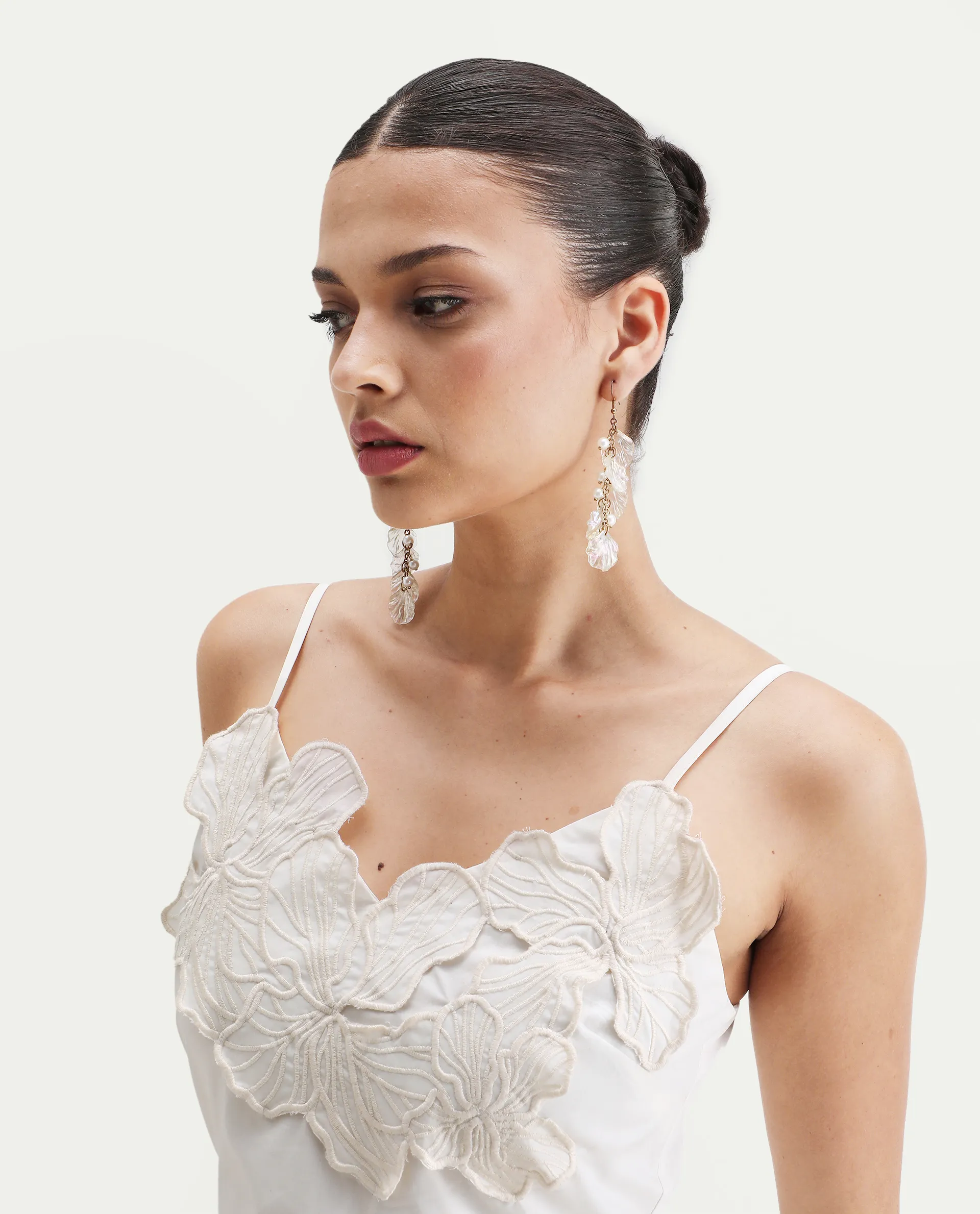 Rareism Women's Janpola White Cotton Shoulder Strap Embroidered Midi Flared Dress - Image 3