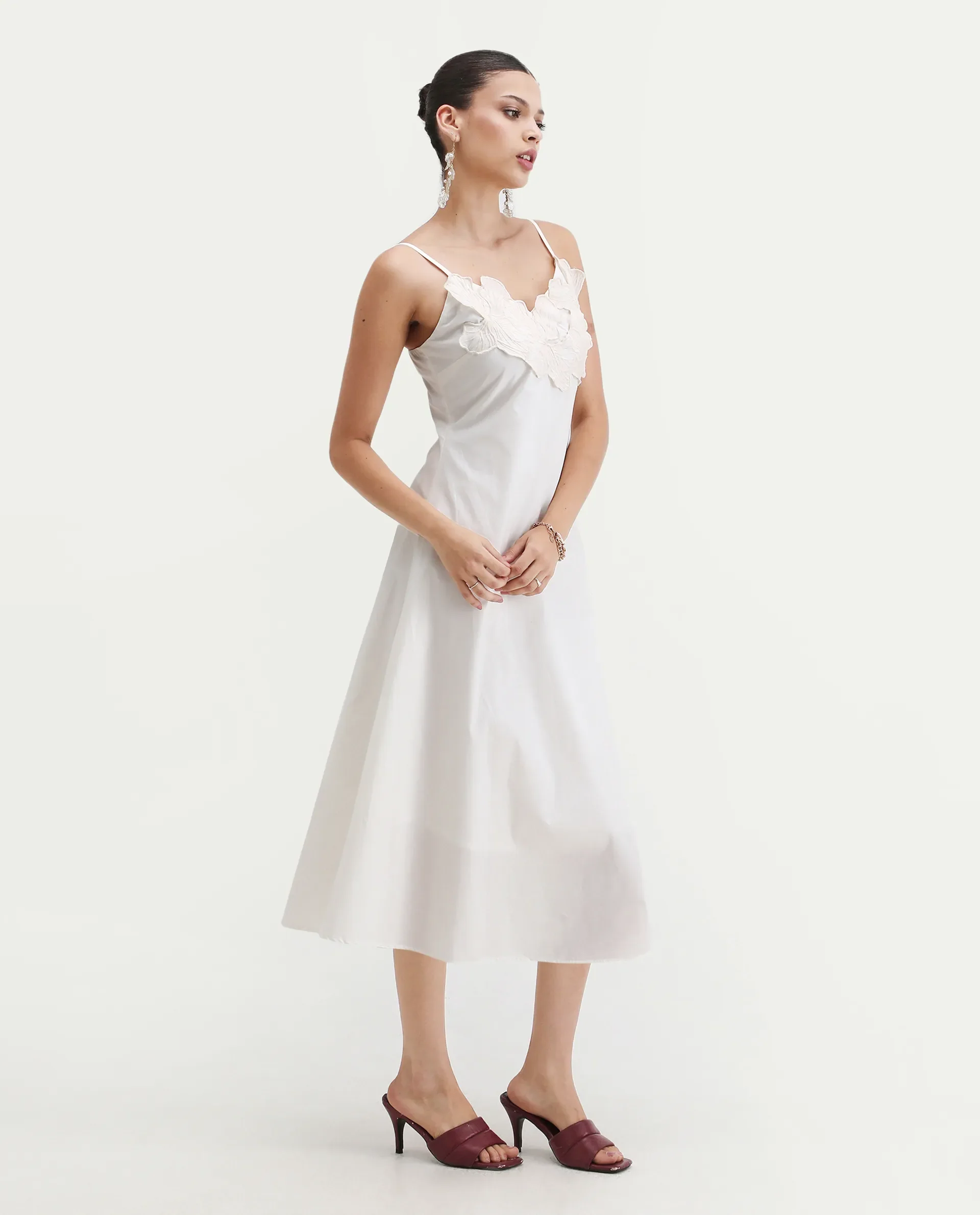 Rareism Women's Janpola White Cotton Shoulder Strap Embroidered Midi Flared Dress - Image 4