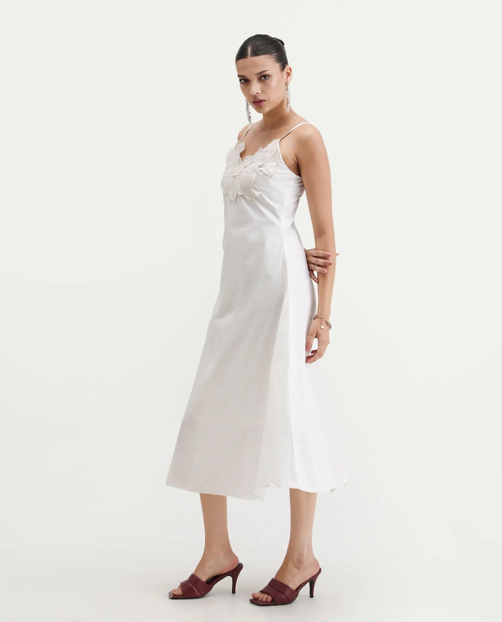 Rareism Women's Janpola White Cotton Shoulder Strap Embroidered Midi Flared Dress - Image 5