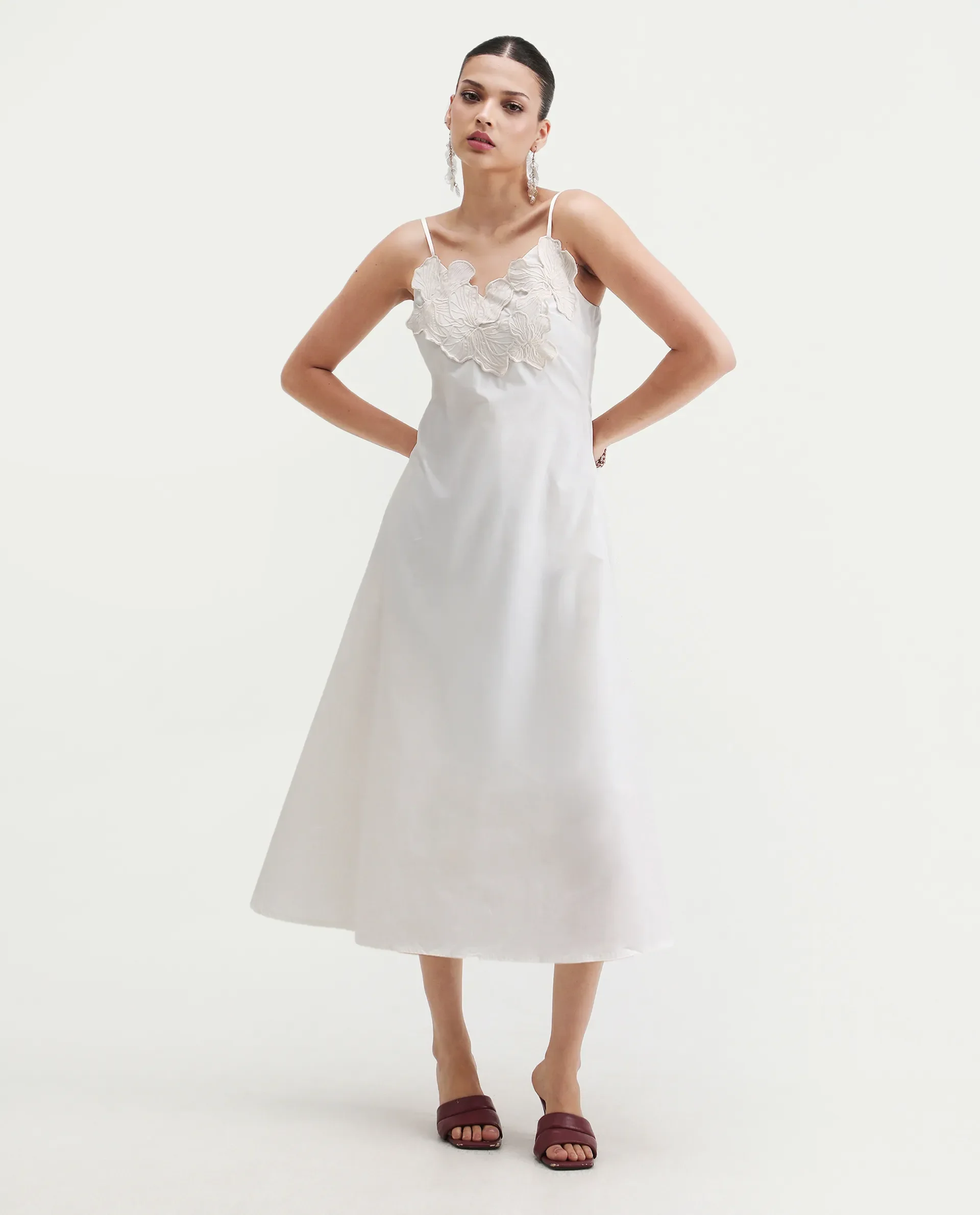 Rareism Women's Janpola White Cotton Shoulder Strap Embroidered Midi Flared Dress - Image 6