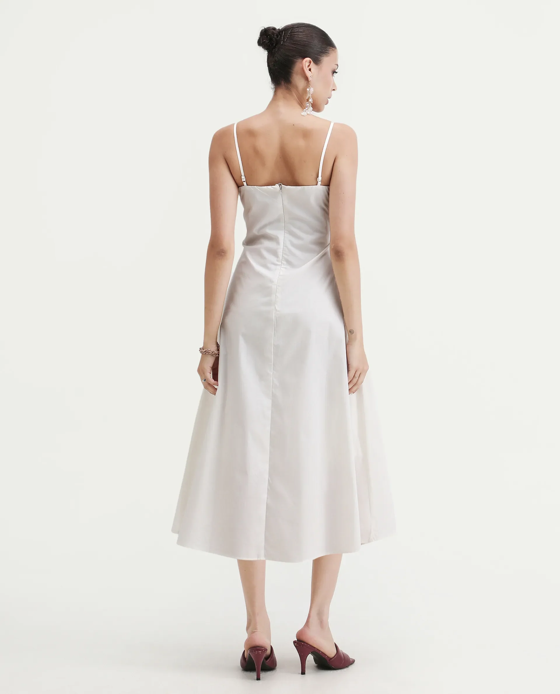Rareism Women's Janpola White Cotton Shoulder Strap Embroidered Midi Flared Dress - Image 7