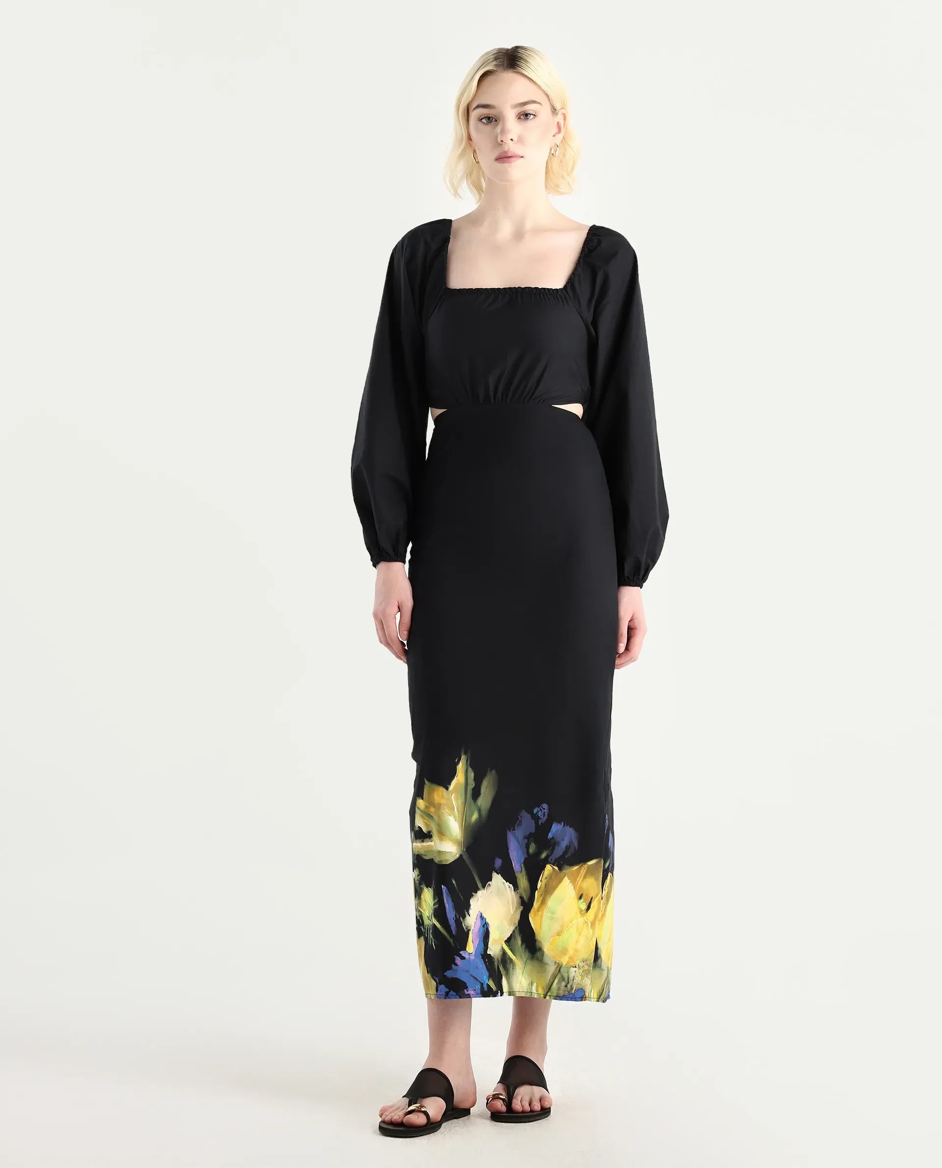 Rareism Women's Janqurt Black Cotton Square Neck Floral Print Bishop Sleeve Maxi Fitted Dress - Image 2